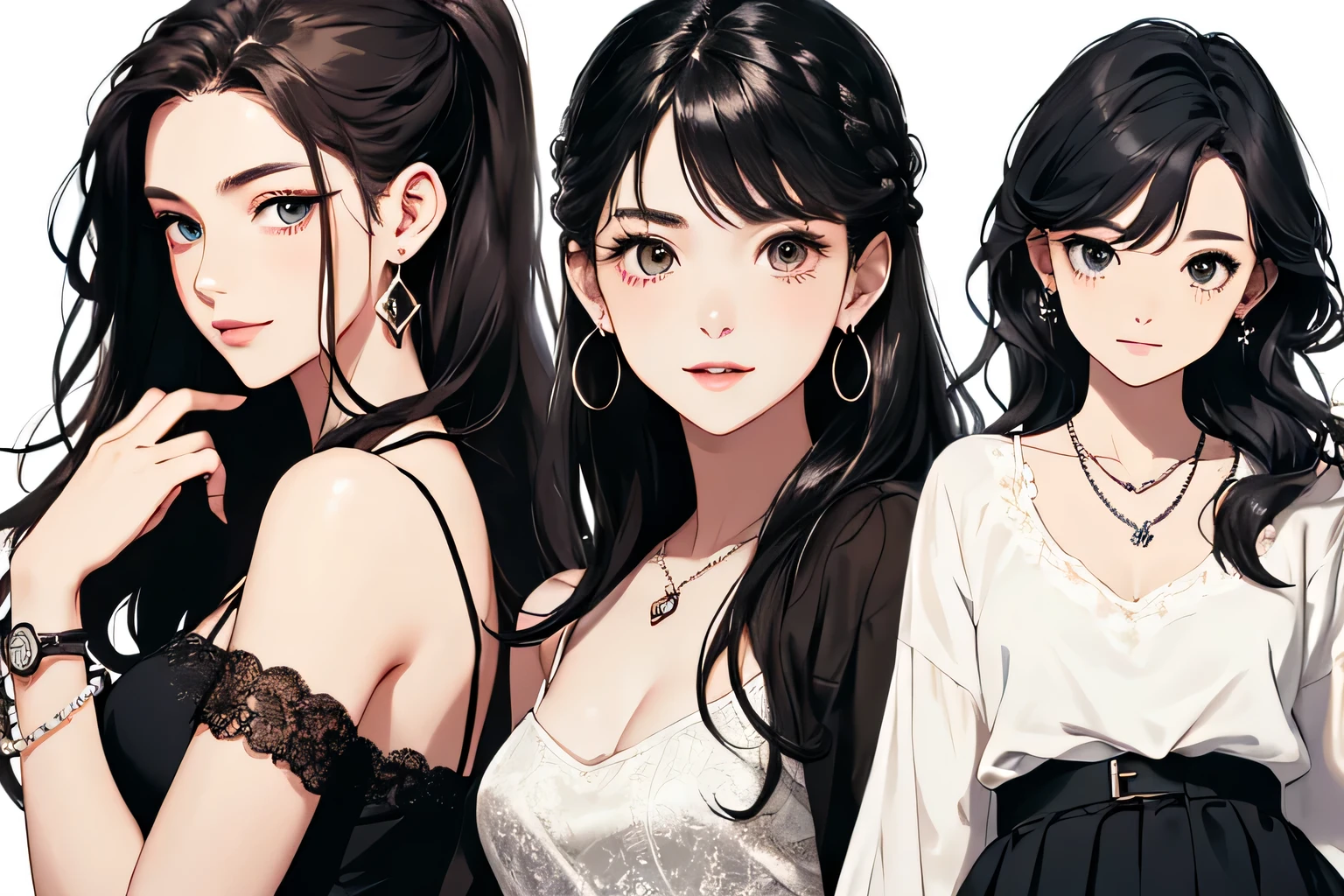 highest quality、High resolution、detailed background、Beautiful and dense face、beautiful and smooth skin、skin texture、cute10代の美少女、(three women)、realistic、perfect body line、black hair braided ponytail、cute髪型、Calm atmosphere、
happy look、smile、laughter、sexual expression、Upper body、Tea time at the cafe、
(three womenが可愛いカフェでおしゃべりを楽しみながらケーキやスイーツを味わう:1.5)、
Choose white or pastel colors for lace tops and flared skirts..、sandals or heels、If the lace top is see-through, Wear it elegantly by layering it with an inner camisole..、
Choose a lace blouse in a soft color and add feminine movement with a pleated skirt.、
Adding lace to the sleeves and collar of the blouse makes it even more cute.、
Choose a colorful lace camisole、Add elegance with a midi skirt。、cute、
Simple and elegant pearl earrings、delicate chain necklace、Choose a design that suits your style, Simple pendants and pendants with stones etc..、
A watch that gives an elegant and sophisticated impression、It is a good idea to choose a design that matches your taste and clothing., leather belts, metal belts, etc..、
A simple bracelet that looks great on your wrist、Choosing a thin chain or a simple design will give you an elegant impression.。.、A thin ring on the fingertip、
When adding accessories, Pay attention to proper balance and layering.、cute