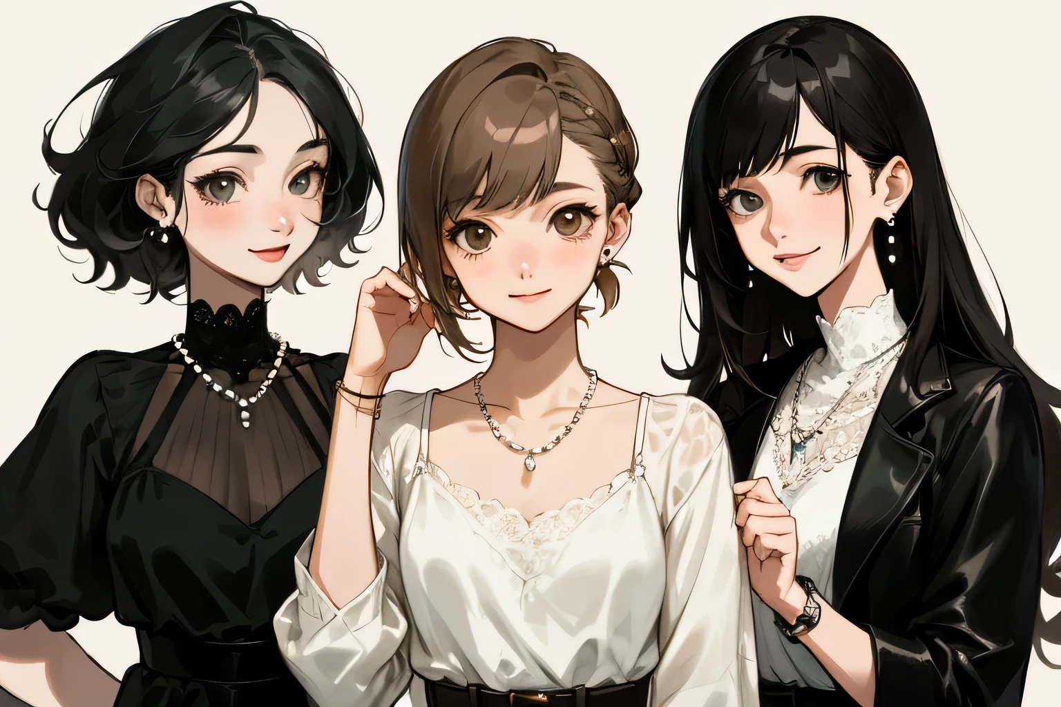 highest quality、High resolution、detailed background、Beautiful and dense face、beautiful and smooth skin、skin texture、cute10代の美少女、(three women)、realistic、perfect body line、black hair braided ponytail、cute髪型、Calm atmosphere、
happy look、smile、laughter、sexual expression、Upper body、Tea time at the cafe、
(three womenが可愛いカフェでおしゃべりを楽しみながらケーキやスイーツを味わう:1.5)、

Choose white or pastel colors for lace tops and flared skirts..、sandals or heels、If the lace top is see-through, Wear it elegantly by layering it with an inner camisole..、
Choose a lace blouse in a soft color and add feminine movement with a pleated skirt.、
Adding lace to the sleeves and collar of the blouse makes it even more cute.、
Choose a colorful lace camisole、Add elegance with a midi skirt。、cute、

Simple and elegant pearl earrings、delicate chain necklace、Choose a design that suits your style, Simple pendants and pendants with stones etc..、
A watch that gives an elegant and sophisticated impression、It is a good idea to choose a design that matches your taste and clothing., leather belts, metal belts, etc..、
A simple bracelet that looks great on your wrist、Choosing a thin chain or a simple design will give you an elegant impression.。.、A thin ring on the fingertip、
When adding accessories, Pay attention to proper balance and layering.、cute
