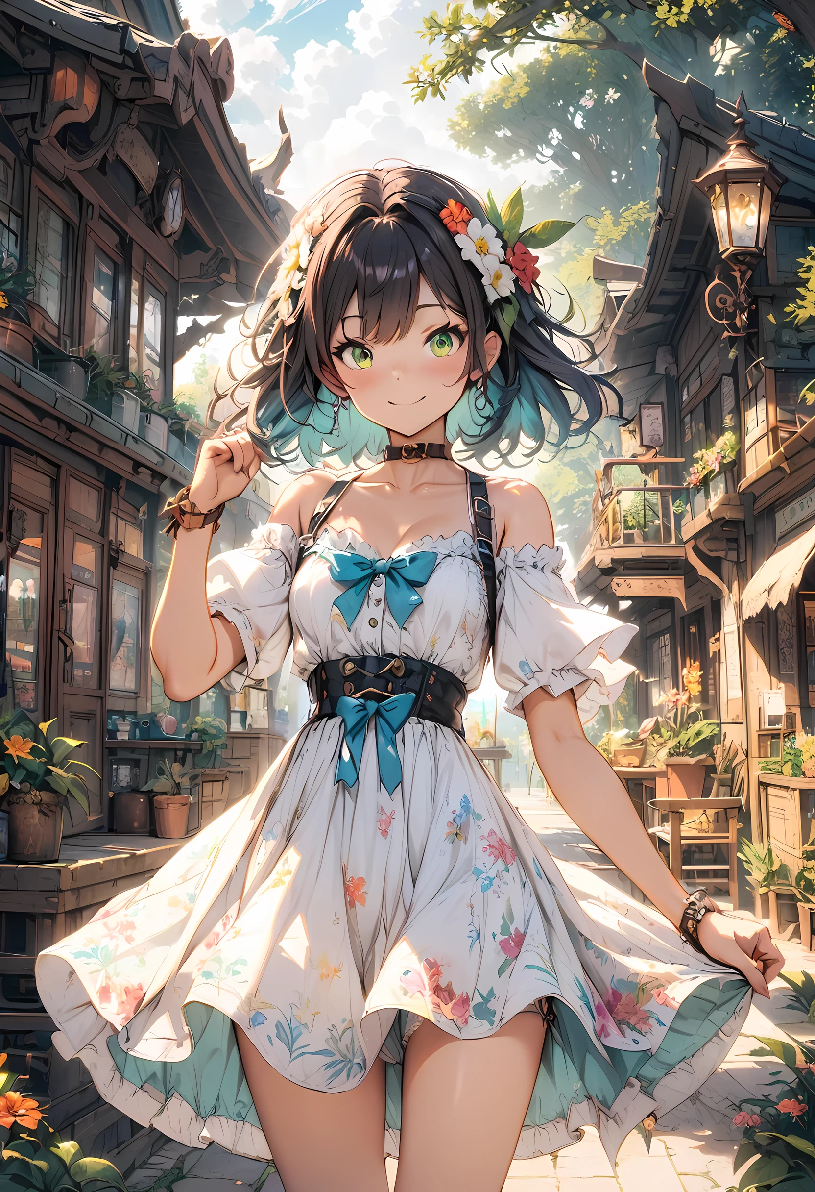 masterpiece, best quality, ridiculous, perfect anatomy, 1 girl, alone, Pascal'story, short hair, Fair, happiness, sunny, botanical garden, summer breeze, sundress, floral pattern, curls, Smile