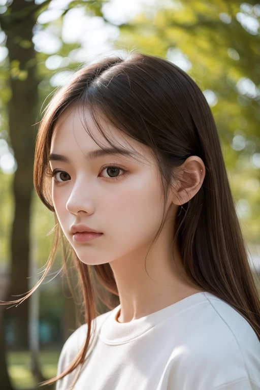 illuminated by soft natural light、evokes a sense of calm and introspection、Creates a meditative atmosphere、Delicate and detailed face、white sweatshirt、surreal、very detailed、Detailed、Pure erotic face ace、fluffy brown long hair、The background is a park、
