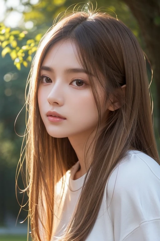 illuminated by soft natural light、evokes a sense of calm and introspection、Creates a meditative atmosphere、Delicate and detailed face、white sweatshirt、surreal、very detailed、Detailed、Pure erotic face ace、fluffy brown long hair、The background is a park、