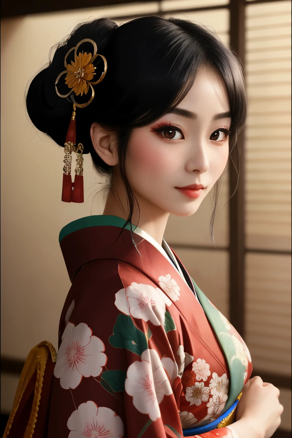 ((highest quality)), ((masterpiece)), (be familiar with), perfect face,Oiran,beautiful woman、red kimono、beautiful black hair、red eyes