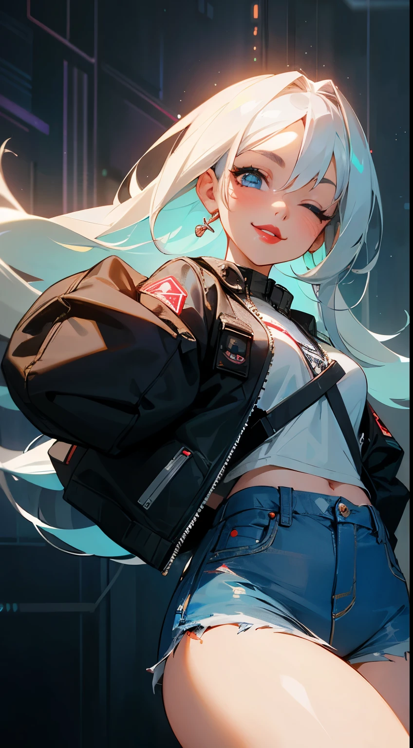 masterpiece), best quality, expressive eyes, perfect face, young adult, female, 1girl, bright blue eyes, long white hair, cyberpunk, denim shorts, red lips, cute smile, one eye closed, wink, volumetric lighting
