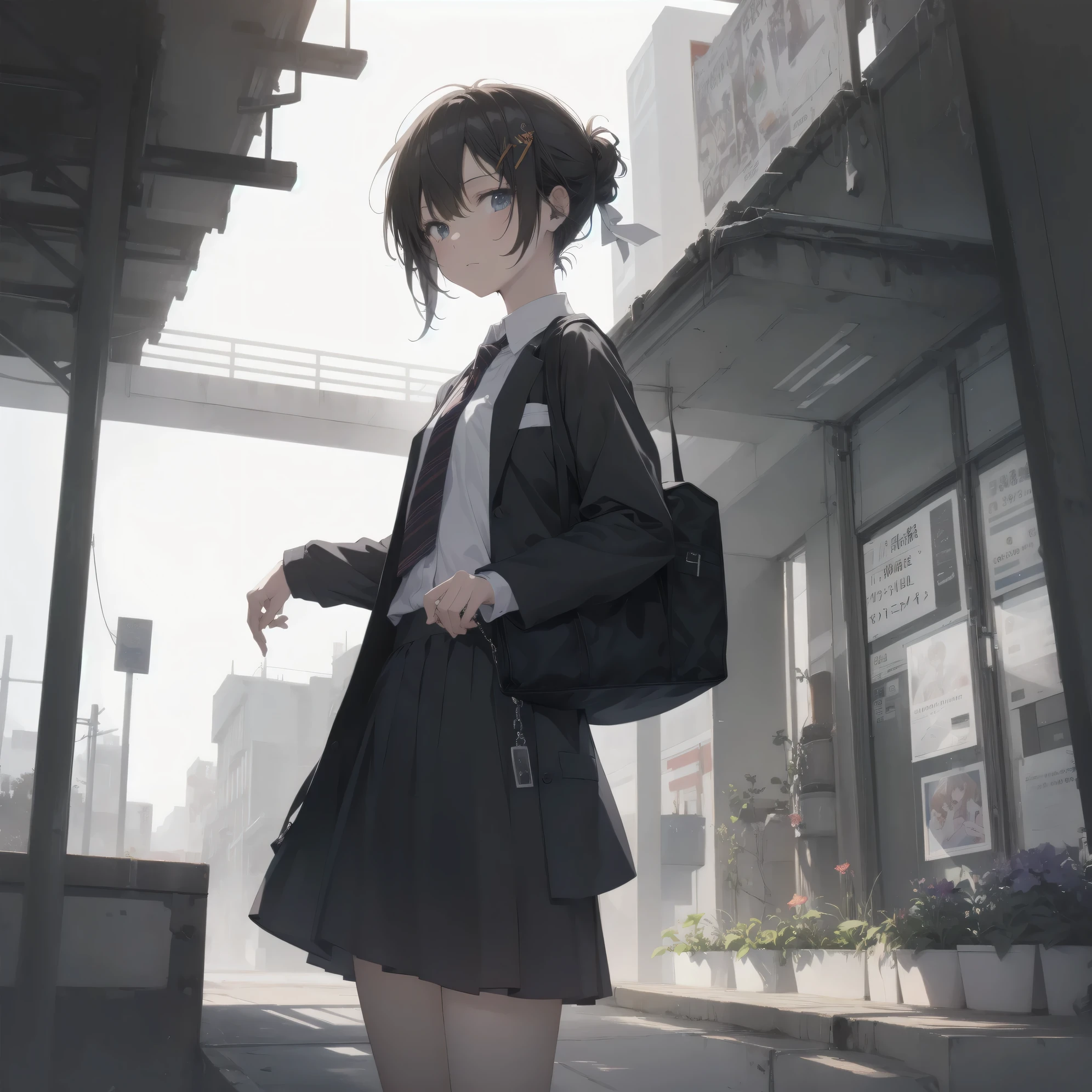 Super Absurd - Top Quality from the God of Art, Super detailed, High resolution, anime moe art style, best anime 8K konachan wallpaper, Pixiv contest winners, perfect anatomy,break, (眠そうにalone学校へ行く女の子を描いてください. )break,1 girl, (alone,little woman, :1.3),All limbs, full finger,, The charm of an immature body, (very_short hair), shortcut, Bang, flat chest, small ass, between legs, small black eyes, detailed and beautiful eyes, Well-proportioned iris and pupils, expressive eyes, High resolutionの詳細な髪, neck ribbon, shirt, collared shirt, skirt, pleated skirt, , (detailed lighting), (detailed background), On the way to school. break,super dense skin, Best cinematic lighting powered by famous artist, 8K,Beauty Illustration,photoshop_(Moderate),Absurd Hi-Res,UHD,rough skin,break,((artist:Fujiyama)), artist:Fujichoko,artist:Yamamoto_Soichiro,artist:hanekoto