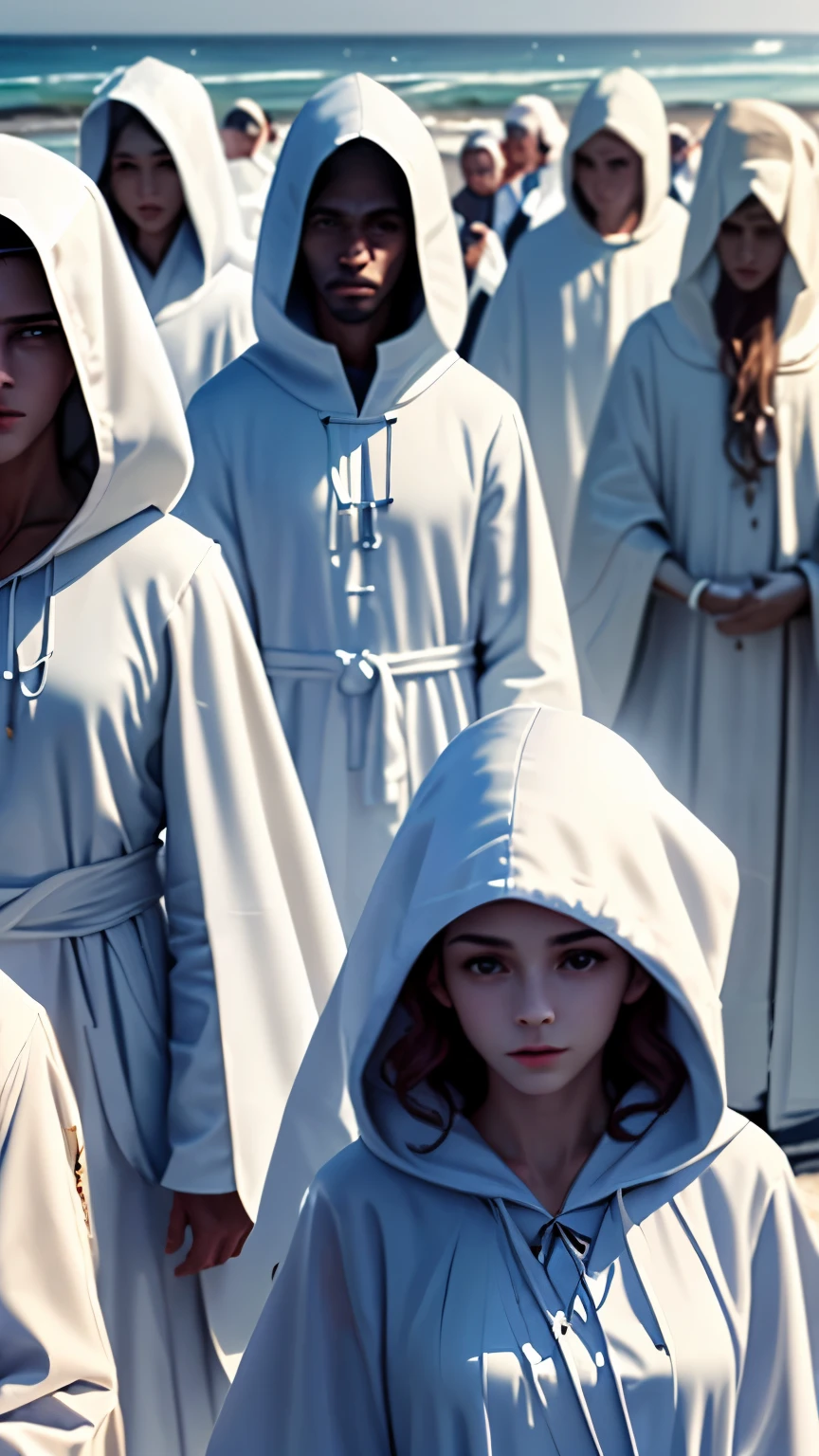A group of people wearing white robes and hoods,Look respectful,Wear a hood,at the seaside