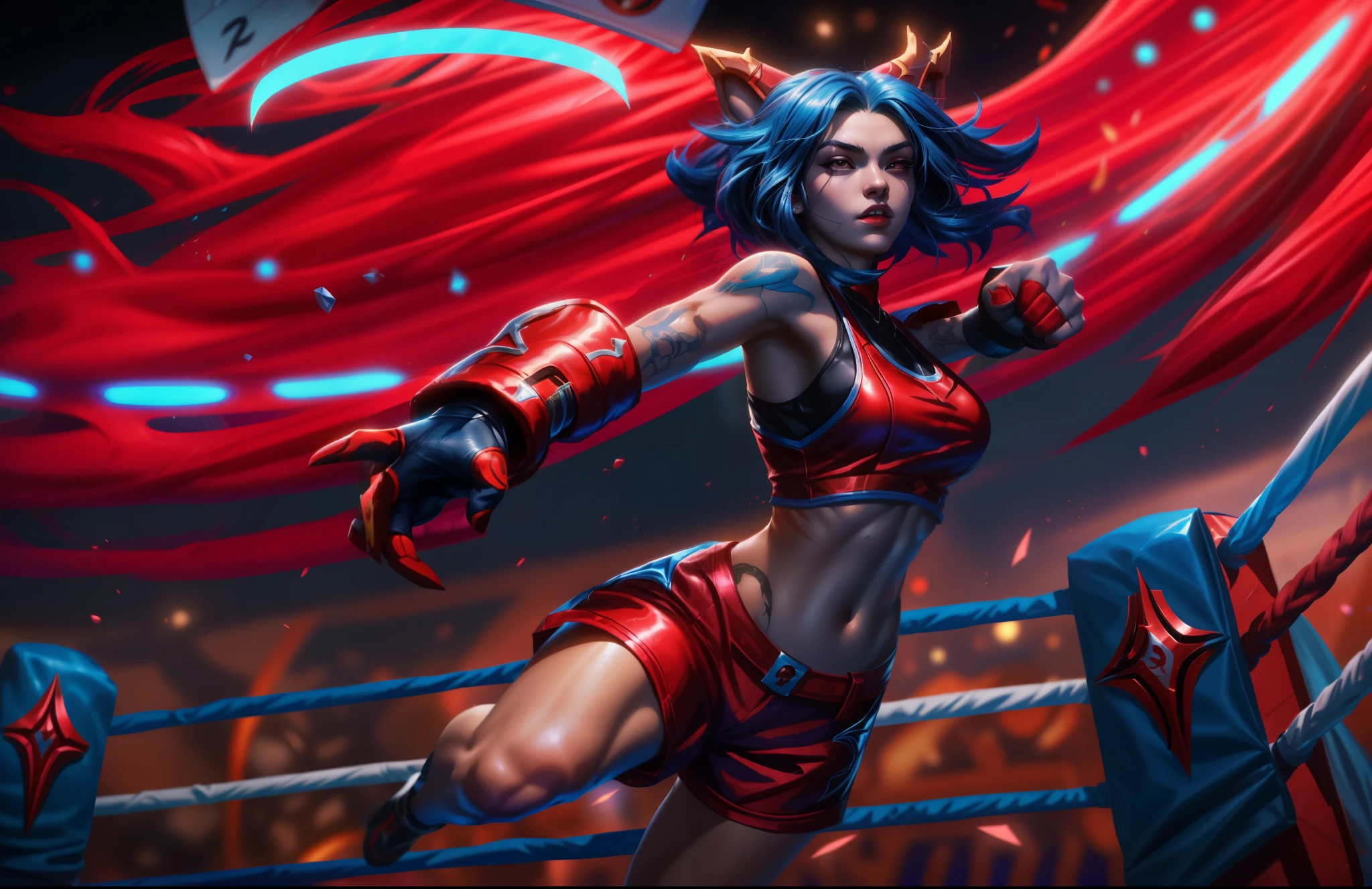 a close up of a woman in a boxing ring with a red and blue outfit, senna from league of legends, akali, official splash art, fighting game character, demon boxing hero, iconic character splash art, league of legends character, character splash art, style of league of legends, style league of legends, annie from league of legends, league of legends style art