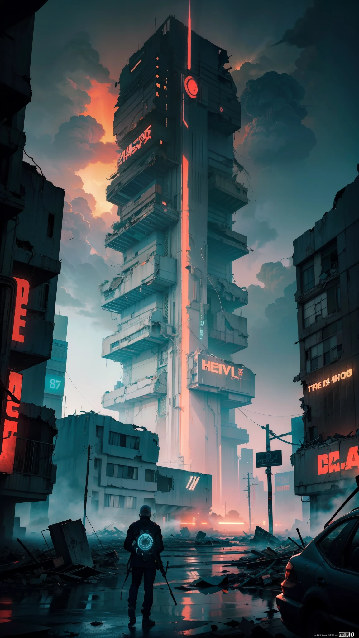 In an anime artwork picture, visualize an old man holding an AK47 in a destroyed city after a nuclear blast. The scene should be depicted in a neon noir style, which emphasizes vibrant neon lights and dark atmospheres. The artwork should showcase highly detailed characters and surroundings, resembling a key visual from a studio anime. The image quality should be the best, with a resolution of 4k or 8k and a high level of realism (photorealistic:1.37). The color tone should reflect the neon lights, creating a futuristic and dystopian atmosphere. The lighting should be dramatic, with sharp contrasts between light and shadow.