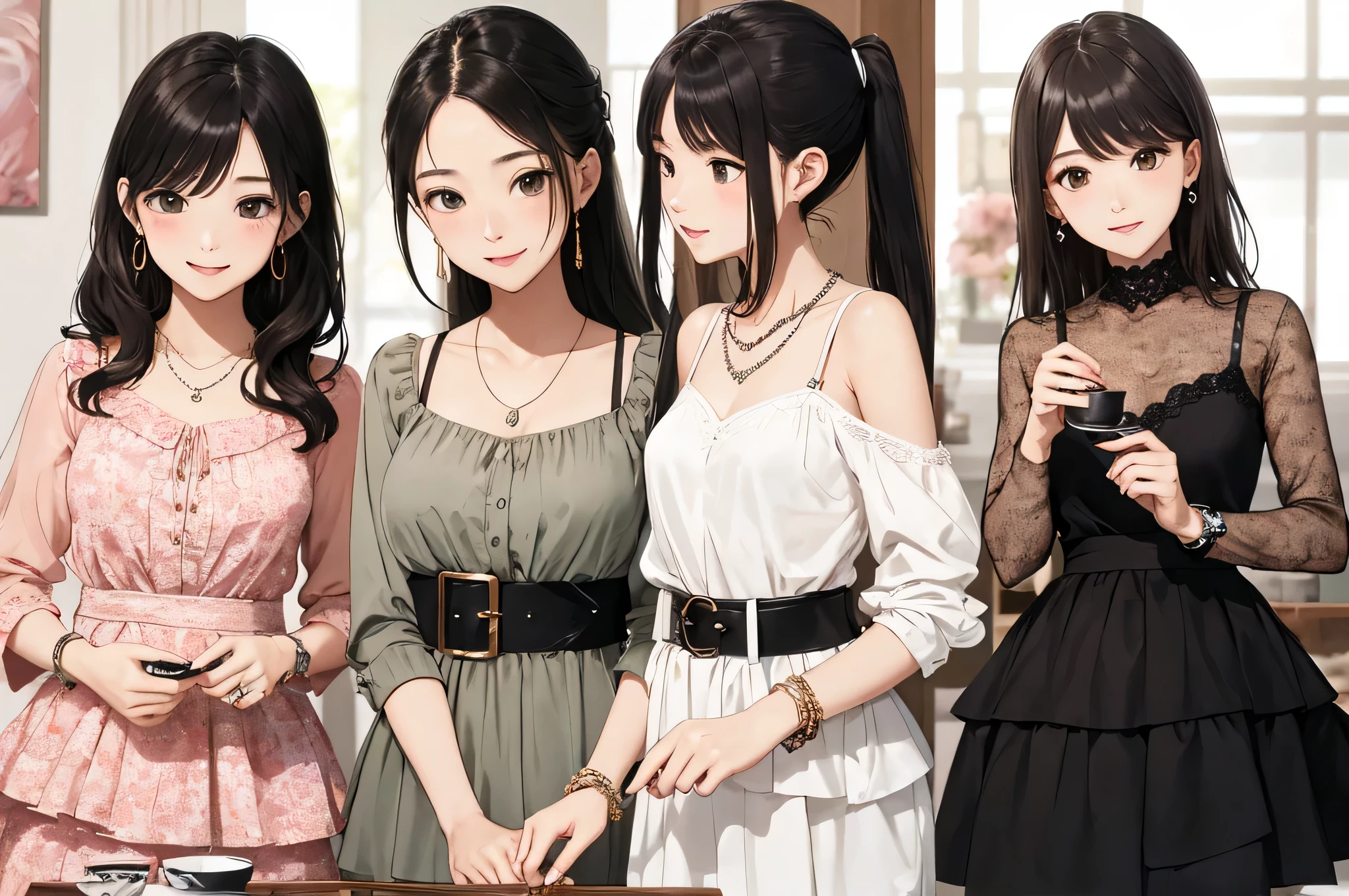 highest quality、High resolution、detailed background、Beautiful and dense face、beautiful and smooth skin、skin texture、cute10代の美少女、(three women)、realistic、perfect body line、black hair braided ponytail、cute髪型、Calm atmosphere、
happy look、smile、laughter、sexual expression、Upper body、Tea time at the cafe、
(three womenが可愛いカフェでおしゃべりを楽しみながらケーキやスイーツを味わう:1.5)、
(three womenが可愛いカフェでおしゃべりを楽しみながらケーキやスイーツを味わう:1.5)、
Choose white or pastel colors for lace tops and flared skirts..、sandals or heels、If the lace top is see-through, Wear it elegantly by layering it with an inner camisole..、
Choose a lace blouse in a soft color and add feminine movement with a pleated skirt.、
Adding lace to the sleeves and collar of the blouse makes it even more cute.、
Choose a colorful lace camisole、Add elegance with a midi skirt。、cute、
Simple and elegant pearl earrings、delicate chain necklace、Choose a design that suits your style, Simple pendants and pendants with stones etc..、
A watch that gives an elegant and sophisticated impression、It is a good idea to choose a design that matches your taste and clothing., leather belts, metal belts, etc..、
A simple bracelet that looks great on your wrist、Choosing a thin chain or a simple design will give you an elegant impression.。.、A thin ring on the fingertip、
When adding accessories, Pay attention to proper balance and layering.、cute