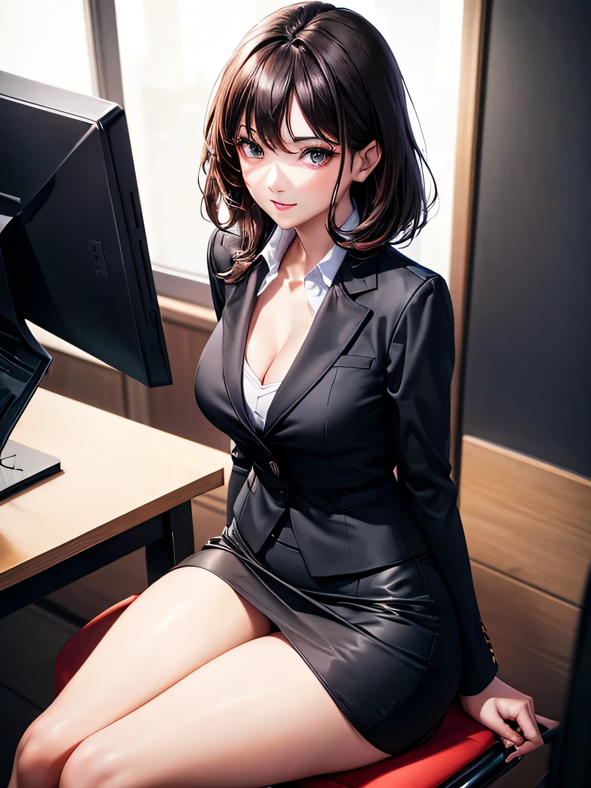 (1) There is one office lady, She is showing her bare legs while sitting,
(2) (A woman in the office sits with her legs closed and her knees pressed together.:1.5), (Please make sure that the pants are visible above the thighs..:1.5)、(both feet are on the ground:1.5)、
(3) OLはwhiteVheadTI'Iは中にシャツを着ています、whiteVheadTI can almost see her cleavage through the shirt.、(I'Iはその上に黒いスカートスーツを着ています.:1.5)、(The skirt is a tight miniskirt.:1.5)、she is wearing black high heel pumps、
(4) (The pants are red and have a flashy pattern..:1.5)、
(5) Office woman has short brown hair., shining eyes, A provocative grin,
(6) The location is an office chair in the office meeting room.。.,
(7) highest quality, High resolution, realistic pictures, realistic skin,
