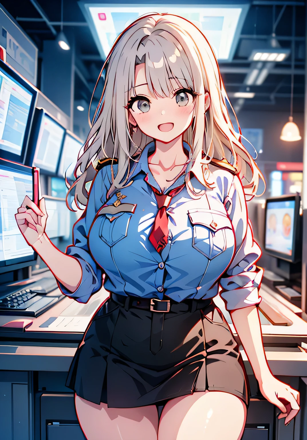 Erotic Anime Illustration、best image quality、A plump gal police officer who seduces at a game center、mordred、perfect proportions、Overwhelming big breasts that go beyond common sense、thick legs with fat、cowboy shot、provocative look、spread your legs、big areola、expose the vagina