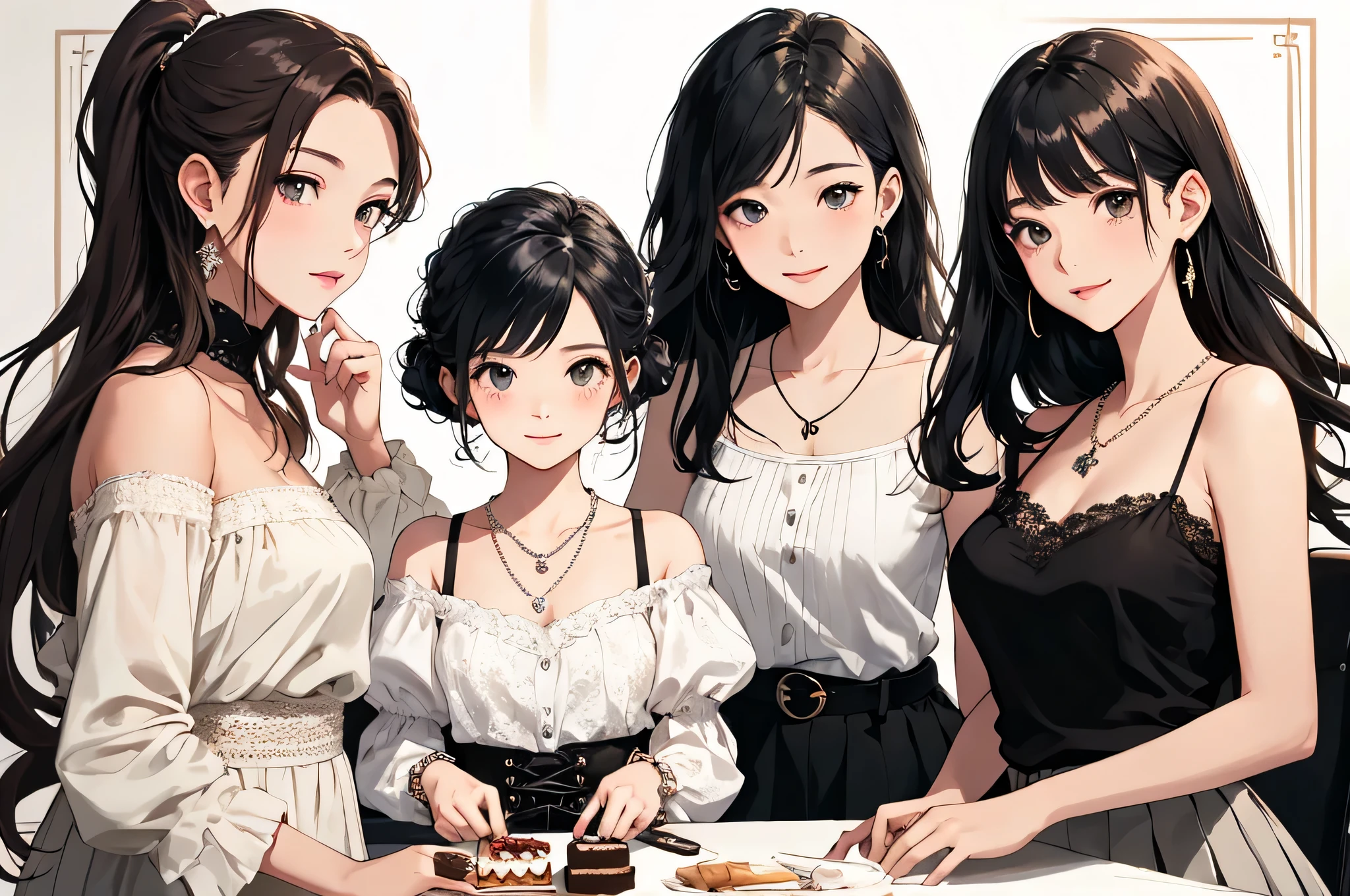 3 ladies on a postcard, (stylish outfit), mature female, /(brown hair/) bangs, blush kind smile, (masterpiece best quality:1.2) delicate illustration ultra-detailed, large breasts BREAK (a table with a postcard placed on it:1.2 ) close-up, pencil BREAK handwritten message adorn the edge of the postcard