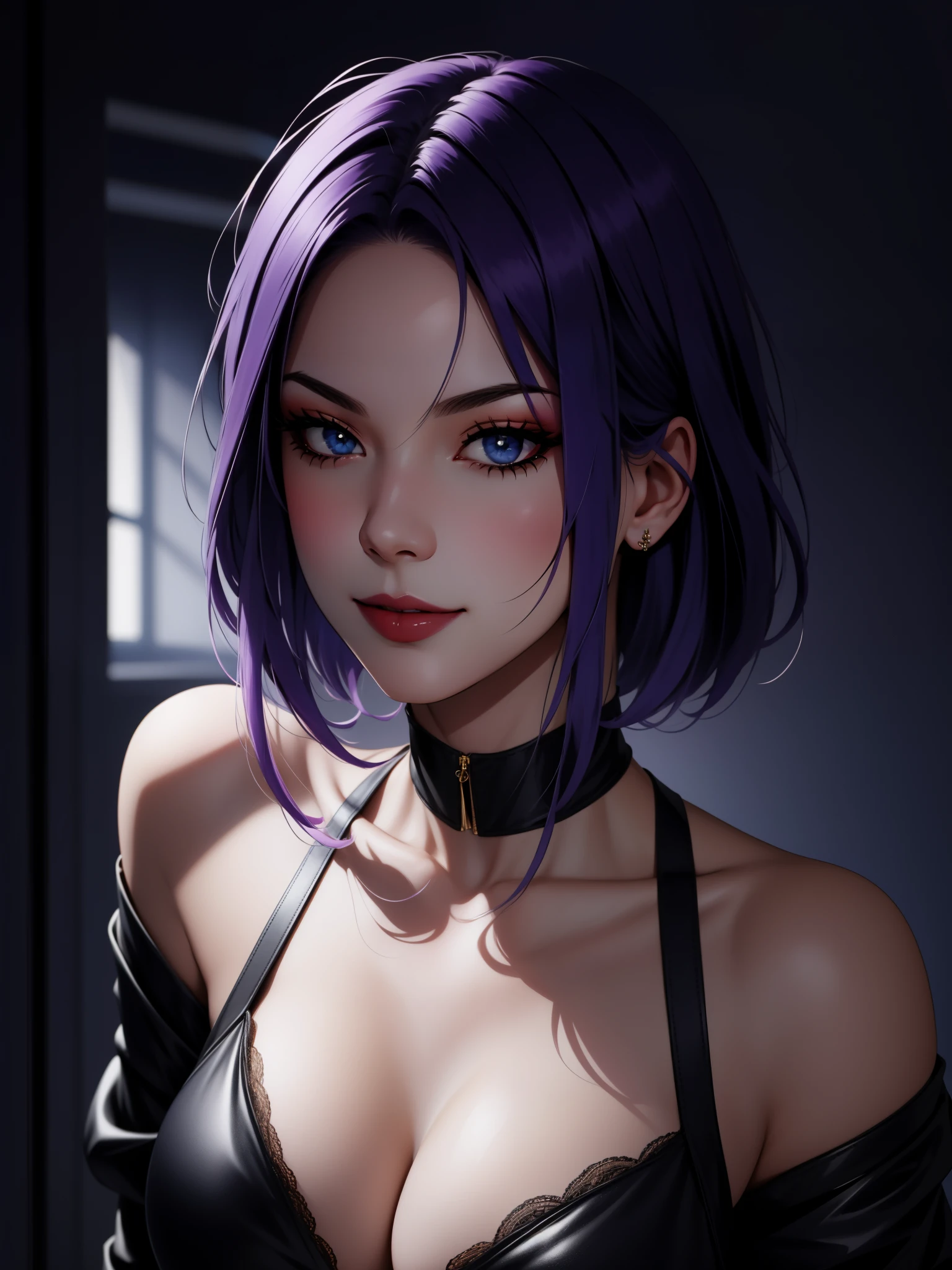 Best quality, masterpiece, ultra high res, (photorealistic:1.5), raw photo, 1girl, offshoulder, in the dark, deep shadow, low key, cold light, sexy look, short hair