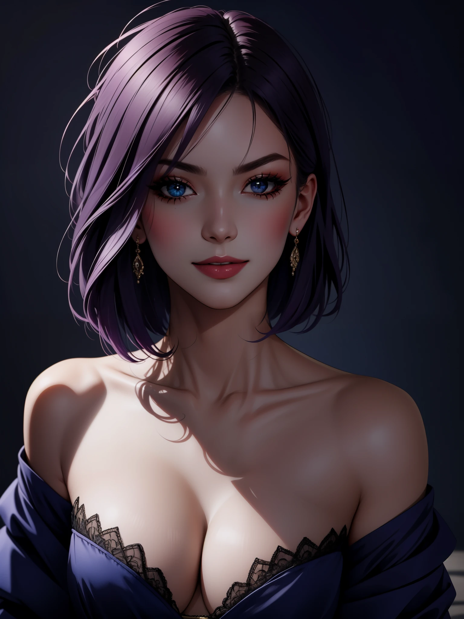 Best quality, masterpiece, ultra high res, (photorealistic:1.5), raw photo, 1girl, offshoulder, in the dark, deep shadow, low key, cold light, sexy look, short hair