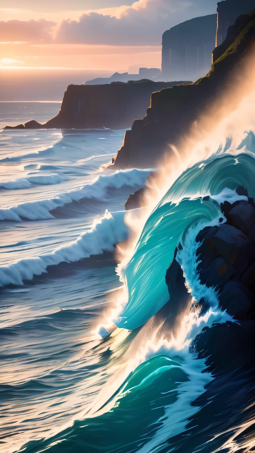 (common, realistic) giant waves crashing against rocky shore, splashing water