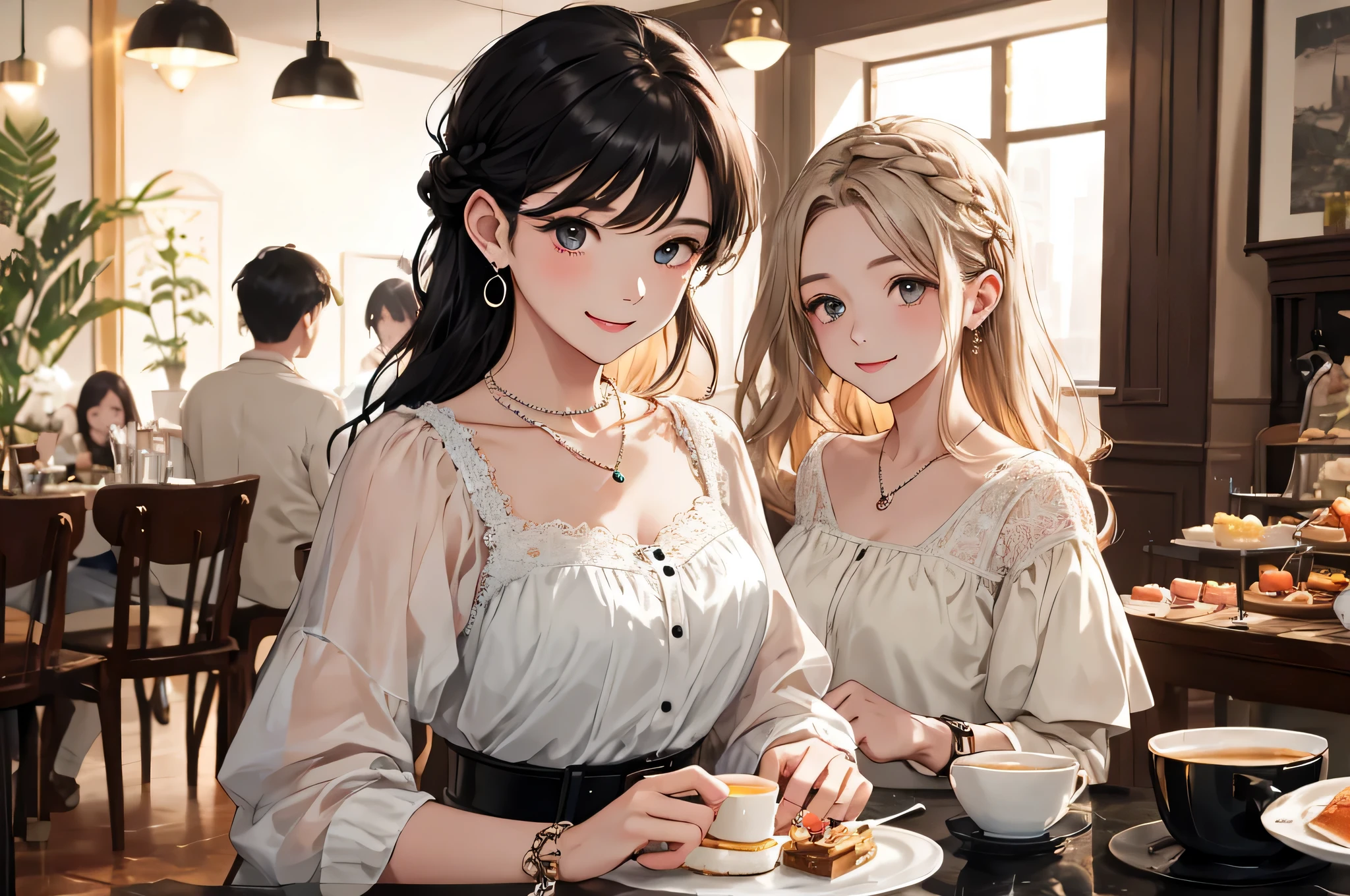 highest quality、High resolution、detailed background、Beautiful and dense face、beautiful and smooth skin、skin texture、cute10代の美少女、(three women)、realistic、perfect body line、black hair braided ponytail、cute髪型、Calm atmosphere、
happy look、smile、laughter、sexual expression、Upper body、Tea time at the cafe、
(three womenが可愛いカフェでおしゃべりを楽しみながらケーキやスイーツを味わう:1.5)、
(three womenが可愛いカフェでおしゃべりを楽しみながらケーキやスイーツを味わう:1.5)、
Choose white or pastel colors for lace tops and flared skirts..、sandals or heels、If the lace top is see-through, Wear it elegantly by layering it with an inner camisole..、
Choose a lace blouse in a soft color and add feminine movement with a pleated skirt.、
Adding lace to the sleeves and collar of the blouse makes it even more cute.、
Choose a colorful lace camisole、Add elegance with a midi skirt。、cute、

Simple and elegant pearl earrings、delicate chain necklace、Choose a design that suits your style, Simple pendants and pendants with stones etc..、
A watch that gives an elegant and sophisticated impression、It is a good idea to choose a design that matches your taste and clothing., leather belts, metal belts, etc..、
A simple bracelet that looks great on your wrist、Choosing a thin chain or a simple design will give you an elegant impression.。.、A thin ring on the fingertip、
When adding accessories, Pay attention to proper balance and layering.、cute
