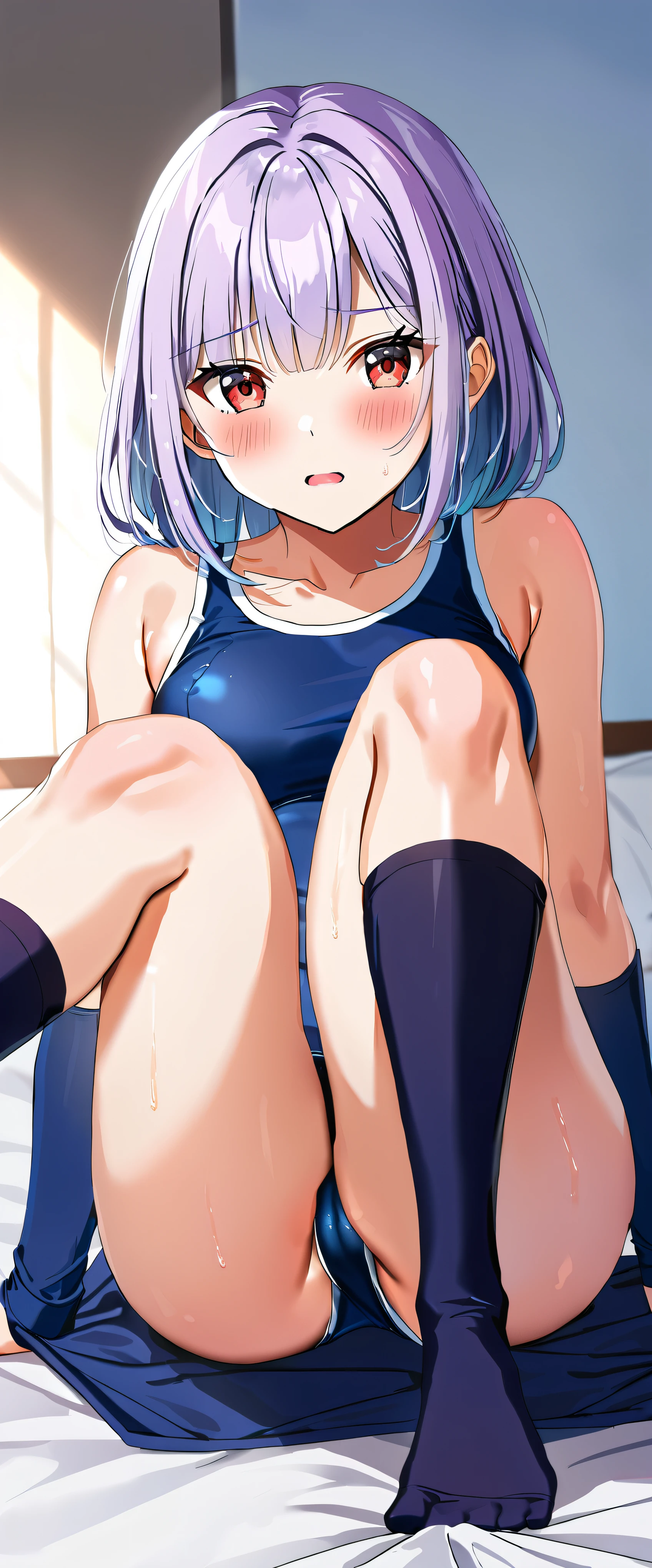 High resolution, woman , good lighting, despicable, , (No nudity), (((navy blue school swimsuit))), ((navy blue school swimsuit)), (((knee high socks))), abdomen only, cute face, I'Iは恥ずかしくて赤面します, humiliating, ((sit with legs spread)), ((wet with sweat))((Sticky residue on swimsuit.))sit on the bed in the room、