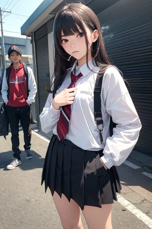 (highest quality, masterpiece、high school girl smoking1people、hands are in pockets、grumpy face)、((see the whole body))