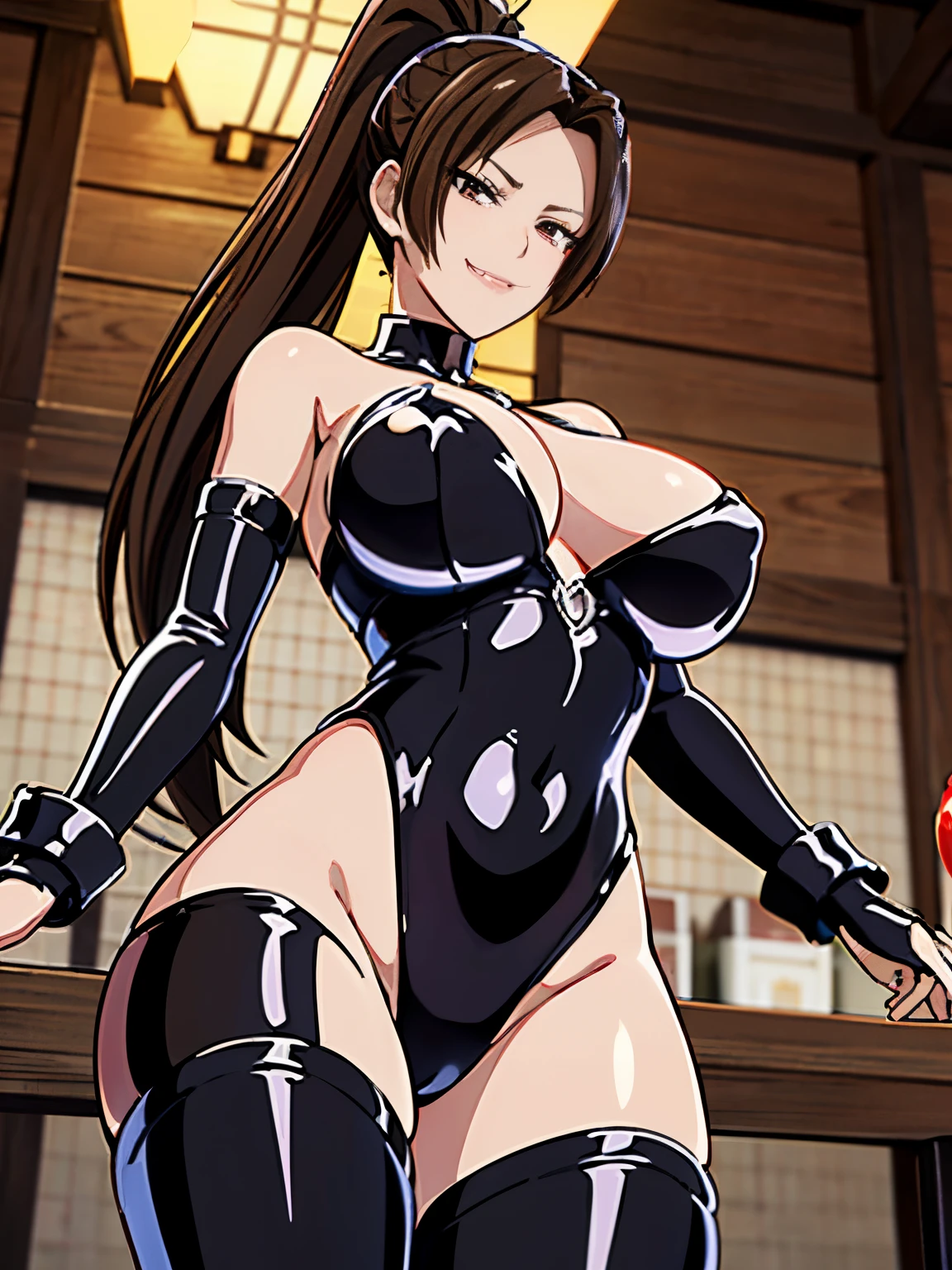 女性1 person、super detailed photos, Full body photo image、(((black shiny latex bondage suit)))、(from below:1.3)、 brown hair, brown eyes, long and high ponytail, hair band, 1 person、25 years old, japanese mature, beautiful fingers, beautiful long legs, beautiful body, beautiful nose, beautiful character design, perfect eyes, perfect face, jewelry, See-through, looking at the viewer, hair ornaments, choker, shy, (smug:1.6)、king of fighters,(((Has a black super long whip:1.5)))、
(table top, highest qualityの, highest quality, beautiful and aesthetic: 1.2), very detailed, more detailed,proper body proportions,table top,Ultra high quality output image,High resolution,intricate details,very delicate and beautiful hair,realistic pictures,dream-like,professional lighting,realistic shadow,focus only,sexy pose,
(big breasts:1.2,) , floating skirt,
Stiletto knee high long boots、anime one、from below、(((depiction of prison)))、(((close your mouth)))