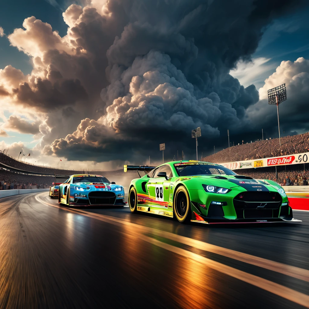 Racing Car, aesthetic, extremely detailed, Two cars, thrilling starting line drag race at the car race track, thunderclouds, dramatic detailed clouds, meticulously hyperdetailed fantasy photo with breathtaking intricate details, by WETA FX and industrial light and magic, intricate elaborate RTX enhanced CGI render