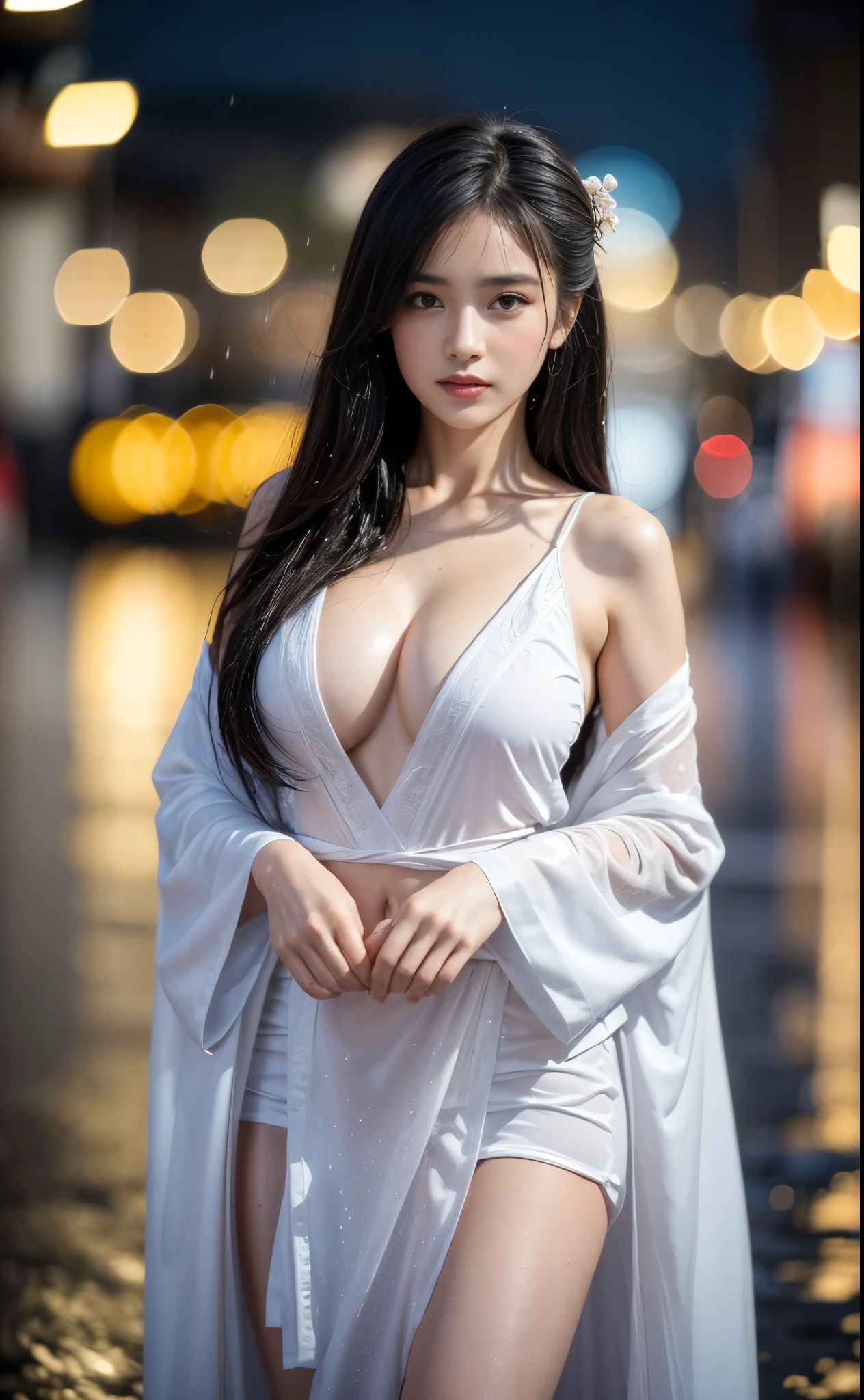 ((best quality, 8K, masterpiece: 1.3)), focus: 1.2, perfect body beautiful: 1.4, buttocks: 1.2, ((layered hairstyle)), (wet clothes: 1.1), (rain, street:1.3), (breast: 1.2), (hanfu: 1.2), bare shoulders, bare legs, Highly detailed facial and skin textures, narrow eyes, double eyelids, skin whitens, long hair, (shut up: 1.5), (bokeh background: 1.5), Big breast