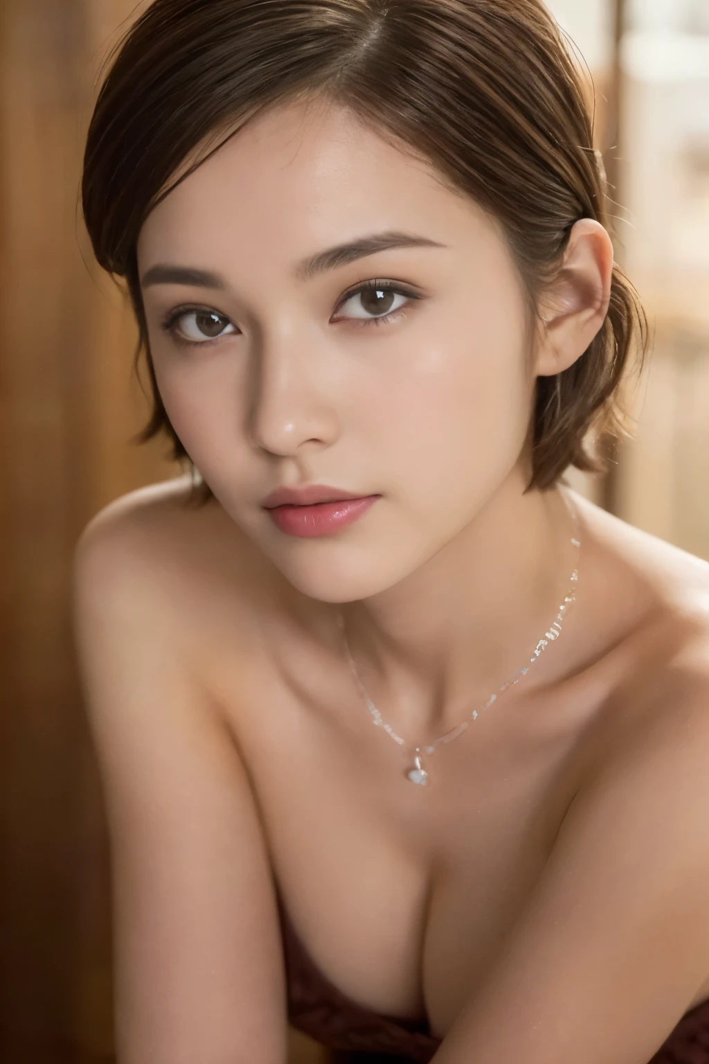 ((top-quality、8K、​masterpiece: 1.erfect Body Beauty: 1.4、Slender Abs: 1.2、Beautiful woman with slender abs:1.3、(Highlight Haircutreast B Cup:1.2), medium breast, round shape breast, perfect shape breast, (()),  necklace, hyperdetailed face、18year old、 Pretty women、(Dark brown short-cut hair), Slim Face、Highly detailed facial and skin texture、very detailed lips、opens legs、top-quality、​masterpiece、超A high resolution、(Photorealsitic:1.4), walked forward confidently, long shot , studio background