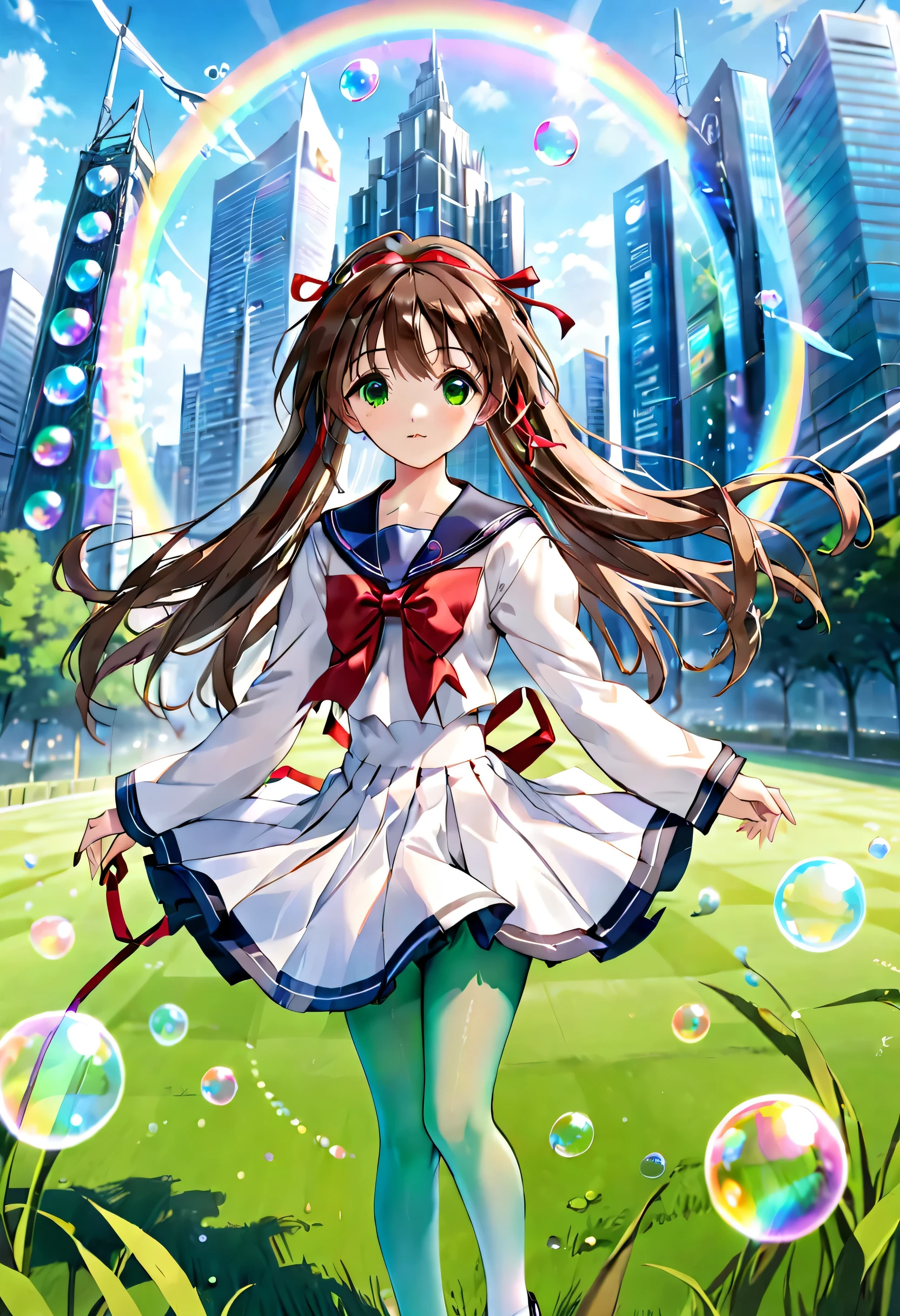 (best quality,4k,highres),ultra-detailed,realistic,portraits, Japaneese school girl, green eyes, long brown hair,anime style,futuristic, Frutiger Aero aesthetic, eco- modernism, bokeh, ribbon headband,small breast,futuristic sailor ****ta dress,puffy sleeves,white and blue,colorful lighting, red ribbon, navy blue pantyhose, school shoes, school bag, school crest, floating bubbles, standing in a green field with futuristic skyscrapers in the background, tertiary colors, highly detailed, 4K.