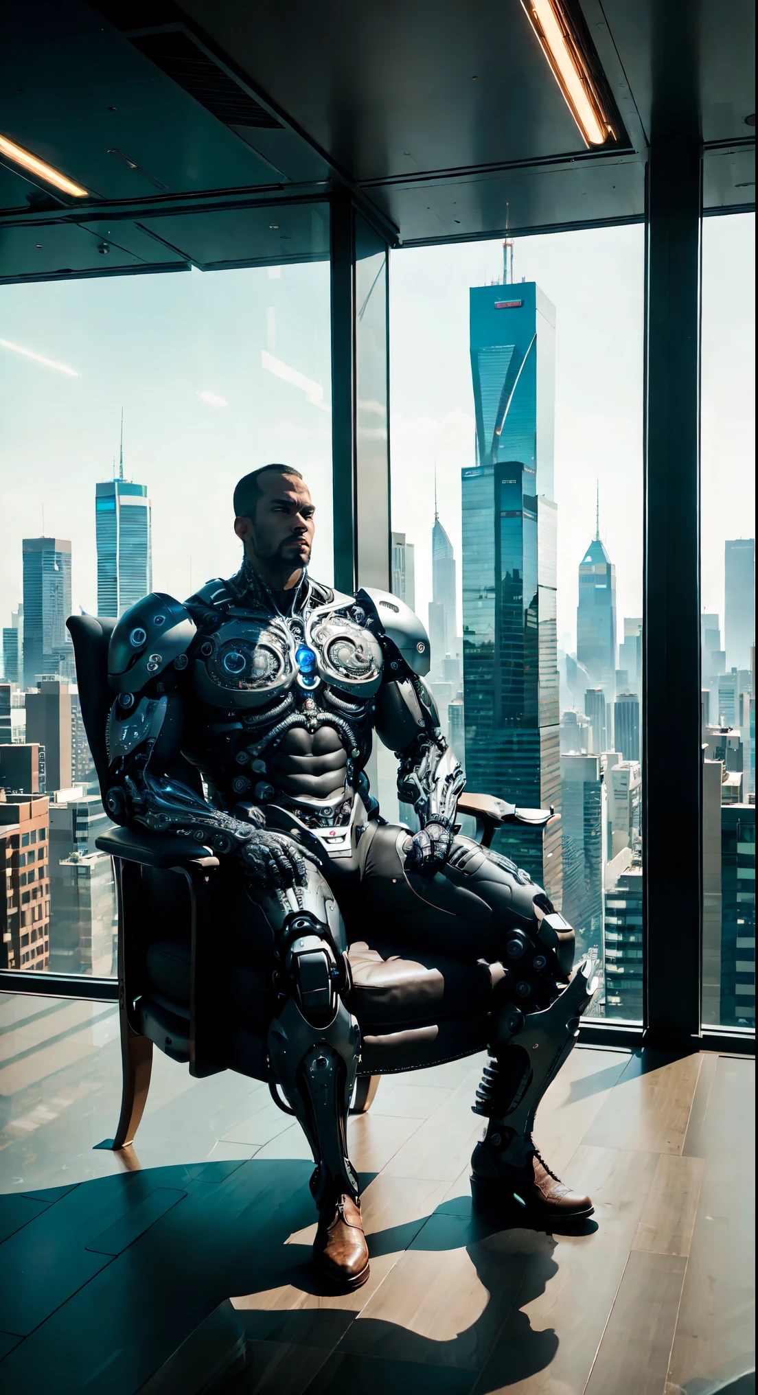 a skyscraper office in the big city, the cyborg man sits in a luxurious chair, heavy man boots, high quality, absurdres, masterpiece, beautiful, intricate details, 1/2 body crop, slim body, beautiful figure, magnificent anatomy, (intricate details:1.12), HDR, (intricate details, hyper-detailing:1.15), (natural skin textures, hyper realisitc, soft light, Sharp:1.2)