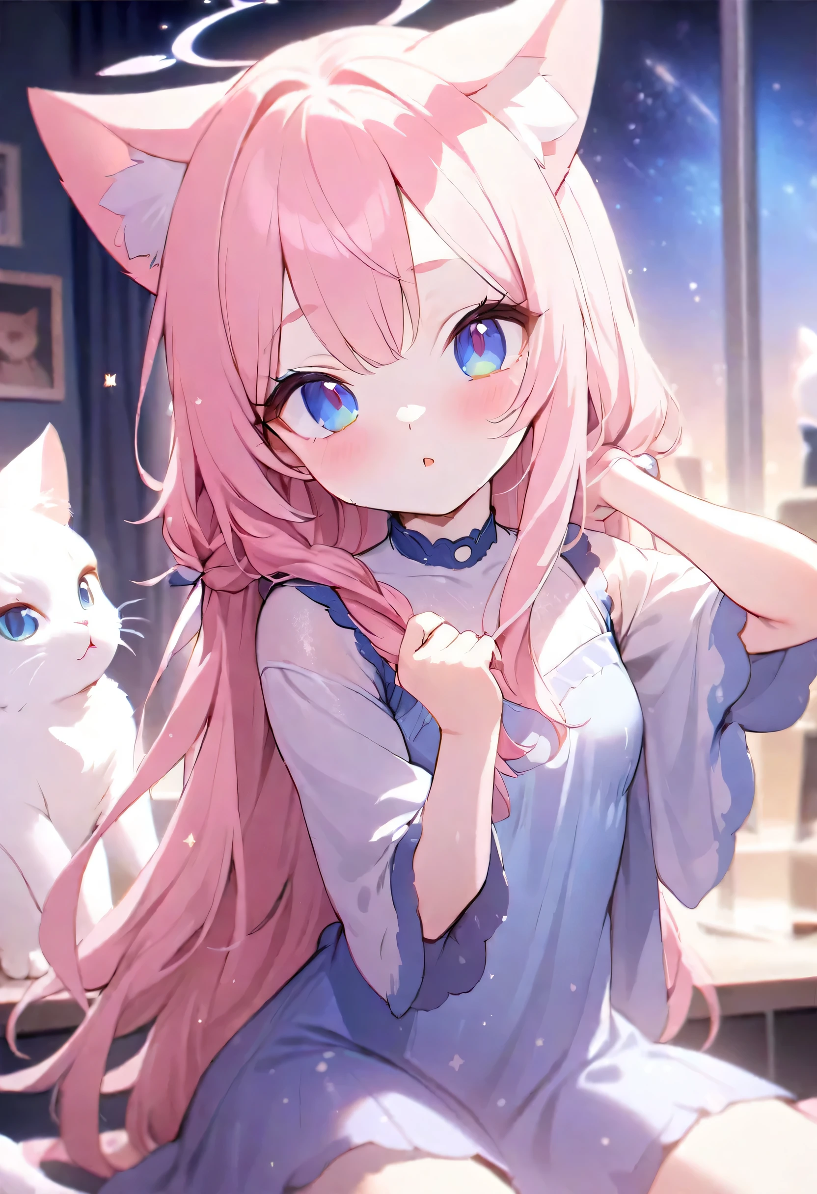 best quality，4K，8K，High resolution，masterpiece：1.2），super detailed，（actual，lifelike，lifelike：1.37），pink hair blue eyes，Anime Catwoman, flowing blue dress， white top，three quarter sleeves， sitting position， teenage cat girl， comb hair， starry sky background， halo， white cat，beautiful anime face, 肖像Anime Catwoman孩, extremely 可爱的Anime Catwomanface, Stunning anime face portraits