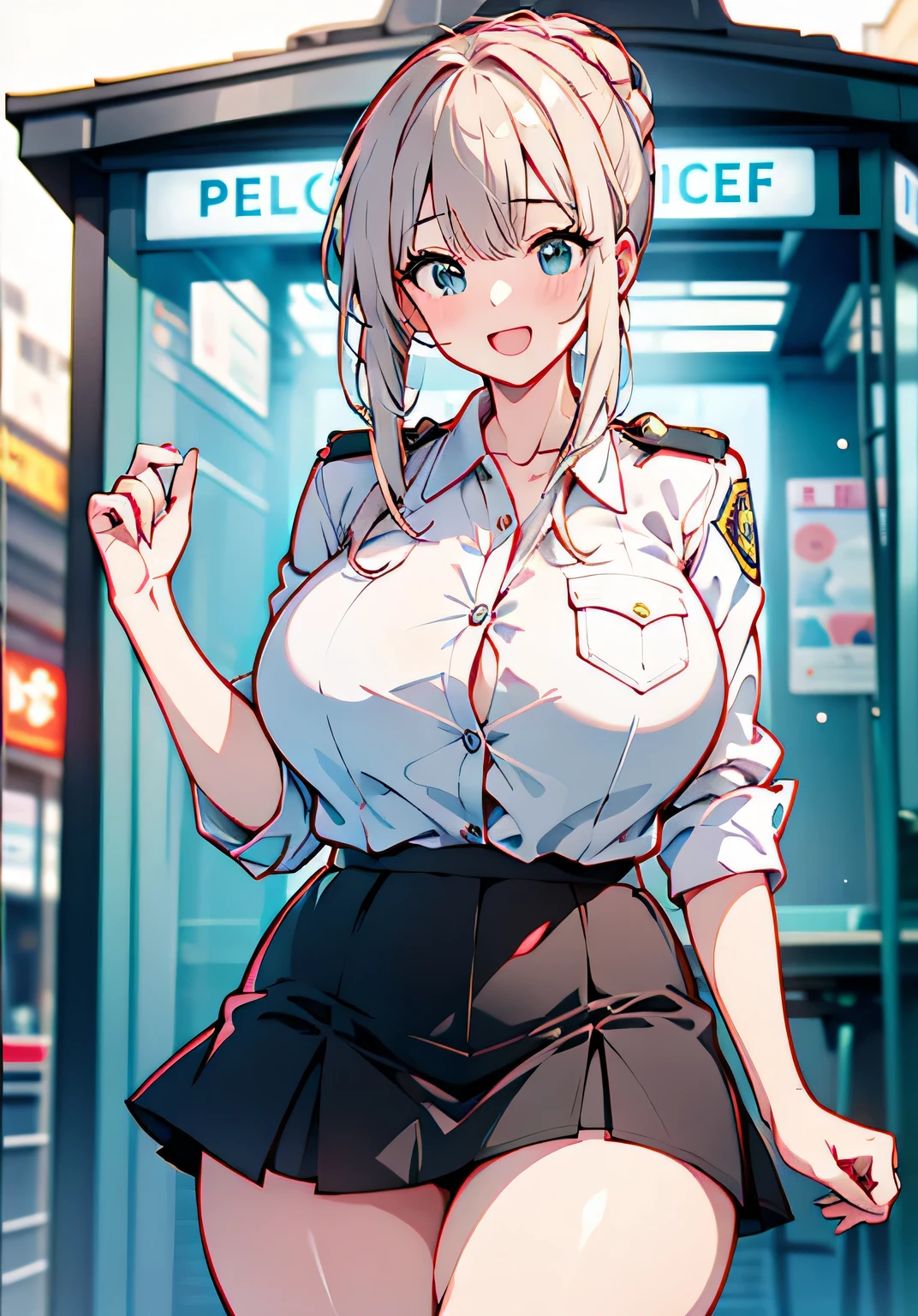 Erotic Anime Illustration、best image quality、A plump black-skinned gal police officer masturbates at the police box、Artoria、perfectly proportioned skirt、Overwhelming big breasts that go beyond common sense、thick legs with fat、cowboy shot、ecstatic expression