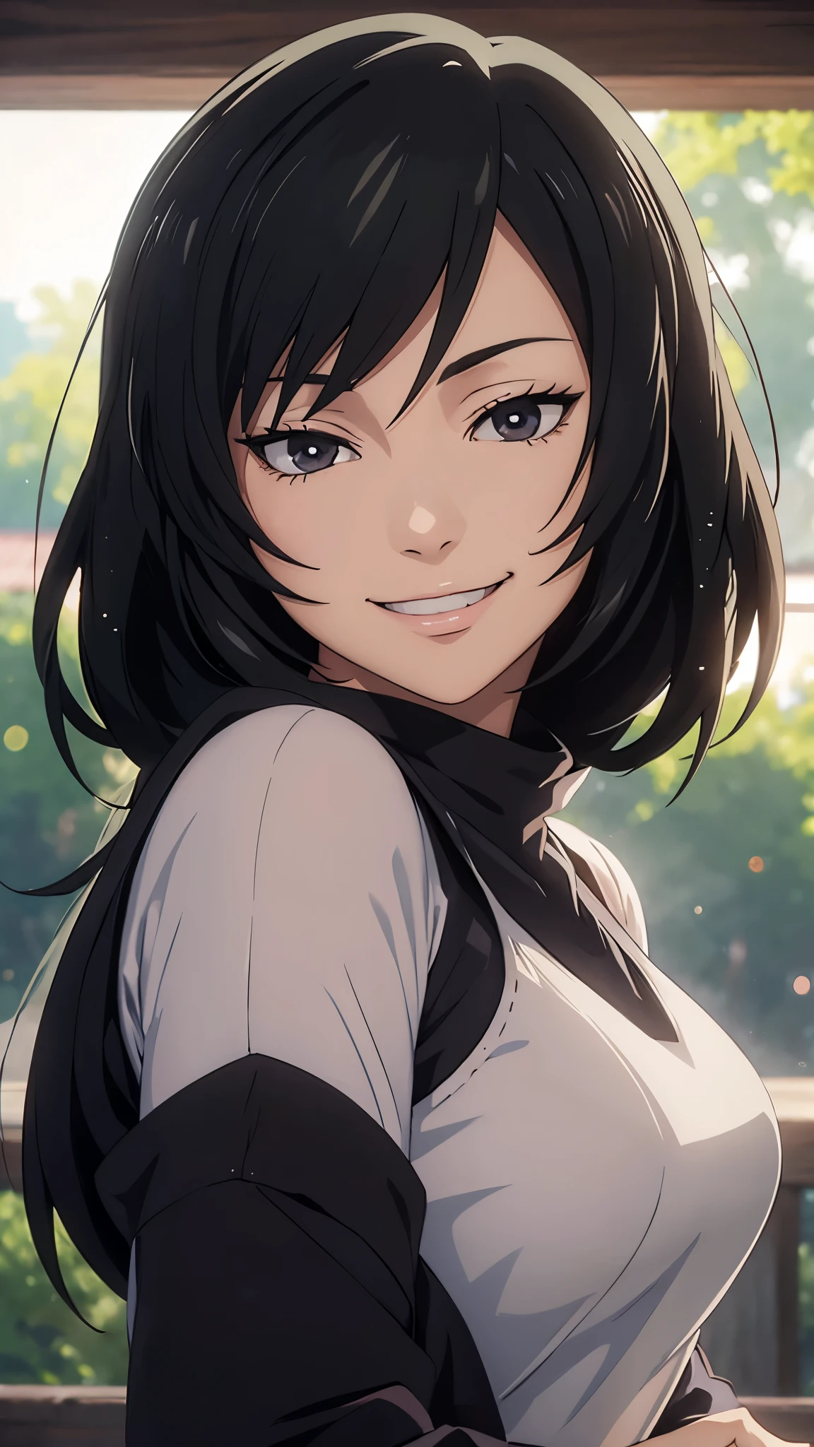 Mai, ( Bokeh effect ), Portrait, masterpiece, 8k, ultra high quality, ultra realistic, ultra high definition, anime art, smiling, cute, seductive