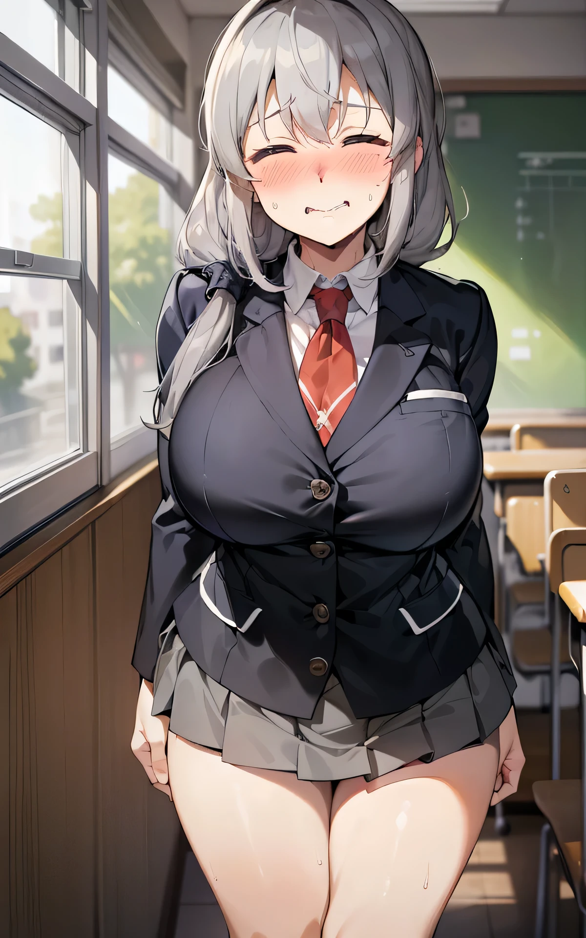 absurderes:1.8, ((school:1.2)), (nsfw), (school uniform:1.2, blazer:1.4)、(milf、grey hair, very long hair to one side:1.4,), Unity 8K Wallpaper, Masterpiece, detailed hair, highly detailed, ((Tsuki uzaki, closed eyes, big breasts、socks)), ( light smile, embarrassed、blush:1.3)
