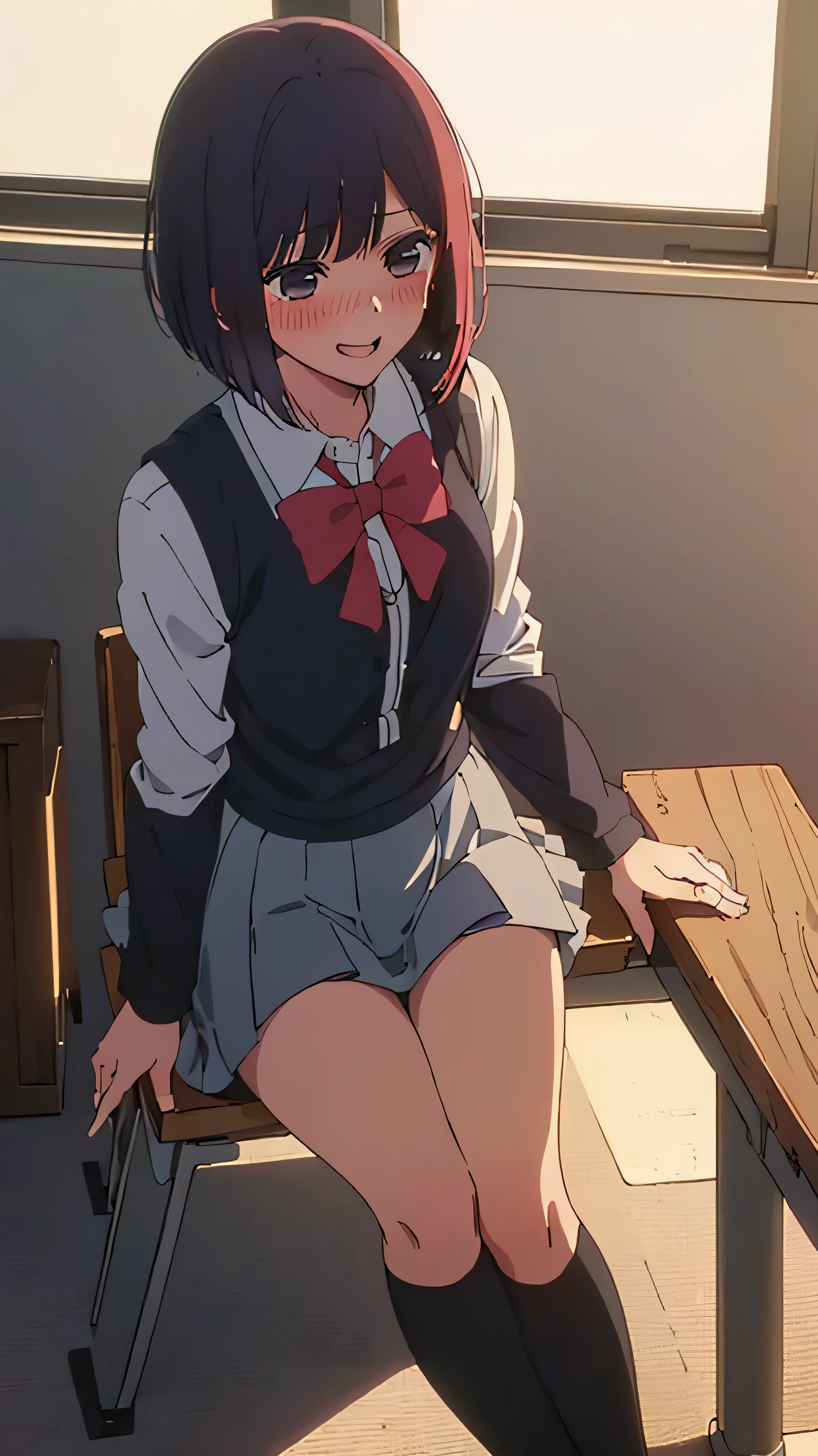 (((anime style,Arima maybe,1 person,uniform,classroom,sit cross-legged at your desk,blush,laughter,touch))),((shot from below,black knee socks,black underwear,panty shot,shot from close up))