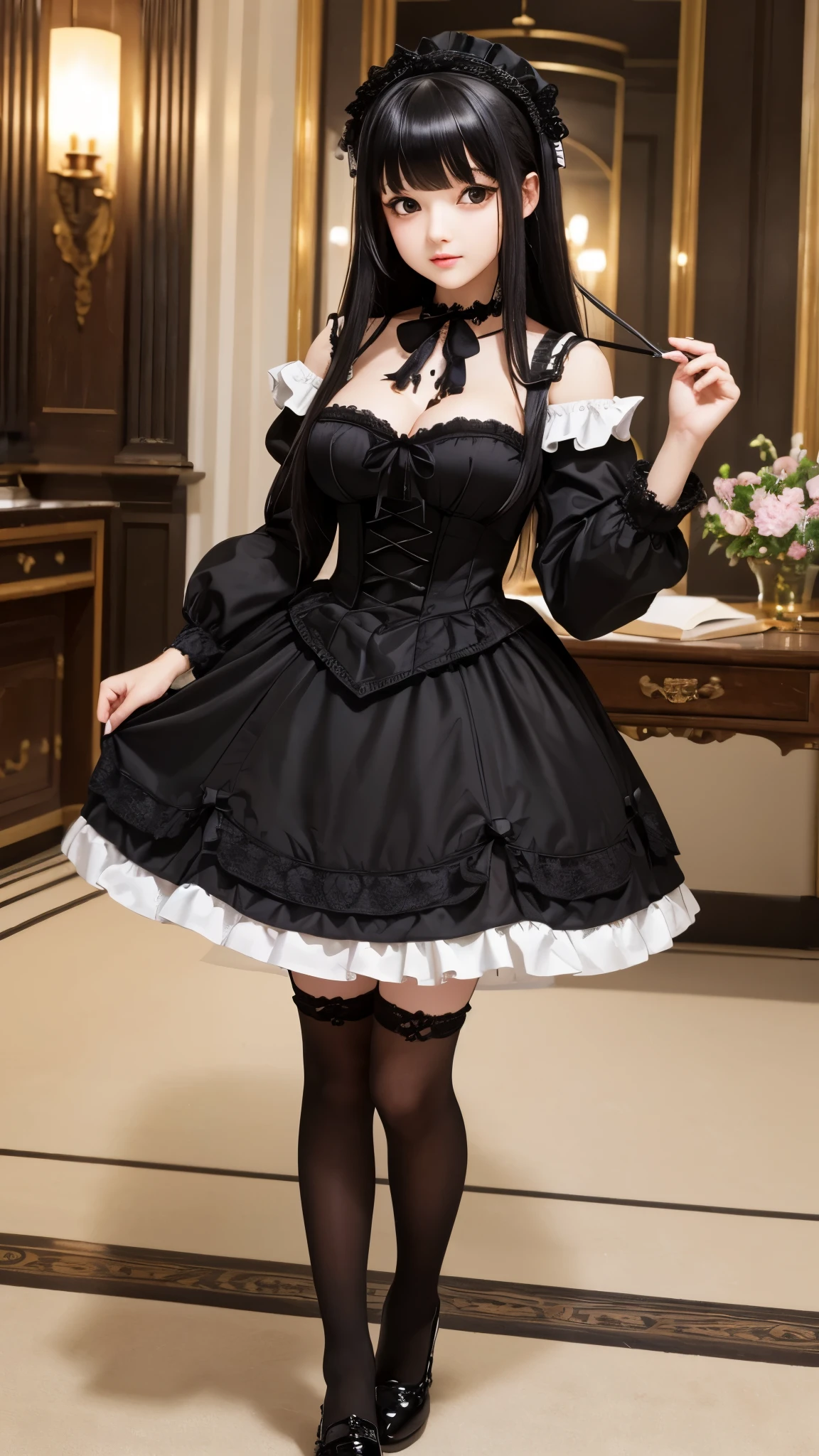 ((best quality)), ((muste piece)), (detailed face), (highlight), (full body), princess、Big breasts、blunt bangs、black hair、Gothic ta、