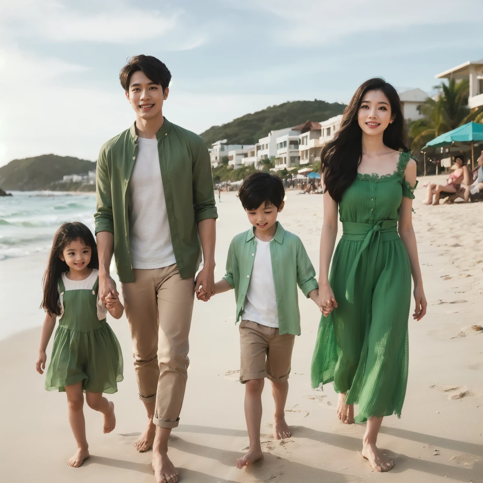 araffe family walking on the beach holding hands and smiling, lifestyle, family, wearing green clothing, ao dai, green clothes, ad image, happy family, mixed art, sea - green and white clothes, on beach, family photo, wearing green, photoshoot, casual green clothing, green clothing, backdrop, profile pic, son, resort, tiffany, green hue