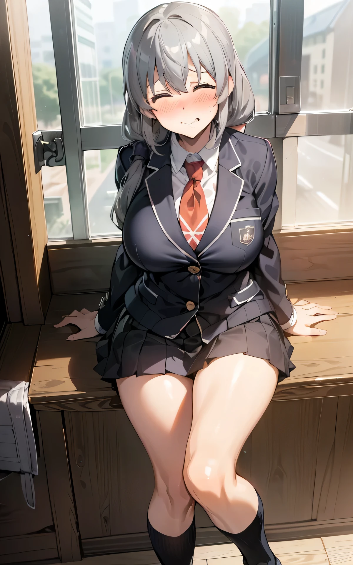 absurderes:1.8, ((school:1.2)), (nsfw), (school uniform:1.2, blazer:1.4)、(milf、grey hair, very long hair to one side:1.4,), Unity 8K Wallpaper, Masterpiece, detailed hair, highly detailed, ((Tsuki uzaki, closed eyes, big breasts、socks)), ( light smile, embarrassed、blush:1.3)
