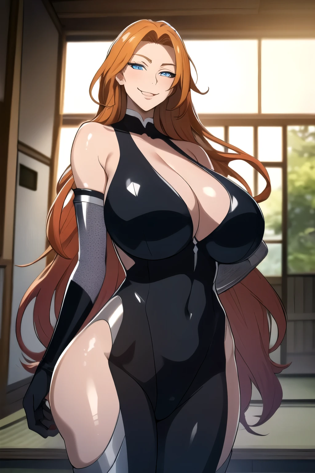 masterpiece, best quality, matsumoto rangiku, beautiful lighting, long hair, (black bodysuit), gigantic breasts, standing, looking at viewer, blue eyes, smile, japanese architecture, cowboy shot, shiny skin, gigantic breasts, curvy, seductive smile, bare shoulders, elbow gloves