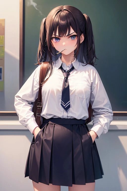 (highest quality, masterpiece、high school girl smoking１people、solo、hands are in pockets、grumpy face)、((see the whole body))