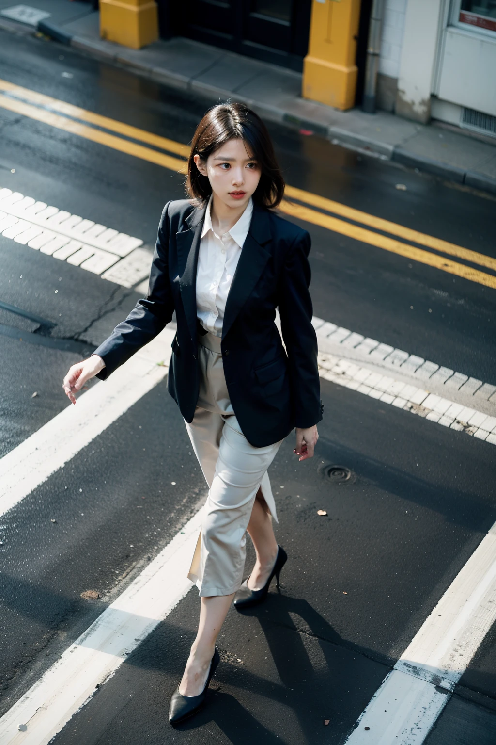 woman，pedestrian，walk， side，shop，crossing road，overhead shot，reality