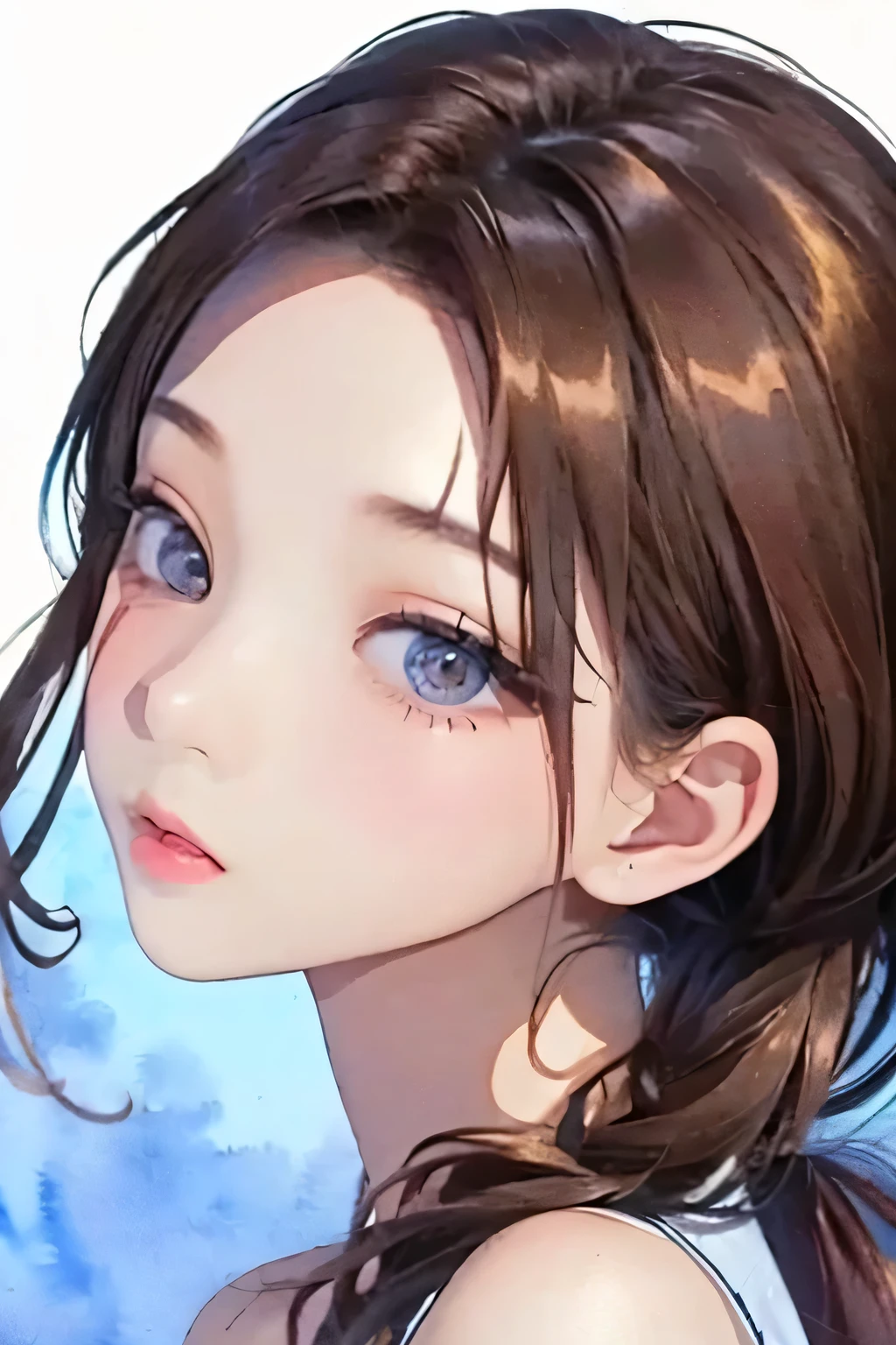 (beautiful eyes for details:1.2)、((1 girl))、mature woman、((solo))、(brown eyes:1.4)、(small eyes and small face:1.3)、(long brown hair、ponytail)、(Beautiful and clear background:1.2)、(Highly detailed CG、Super detailed、best shadow:1.1)、((Depth of the bounds written))、((watercolor painting))、Beautiful concept An illustration、(black background:0.5)、(An illustration:1.1)、(very detailed and beautiful:1.1)、(perfect details:1.1)、 From the side、cowboy shot、rain