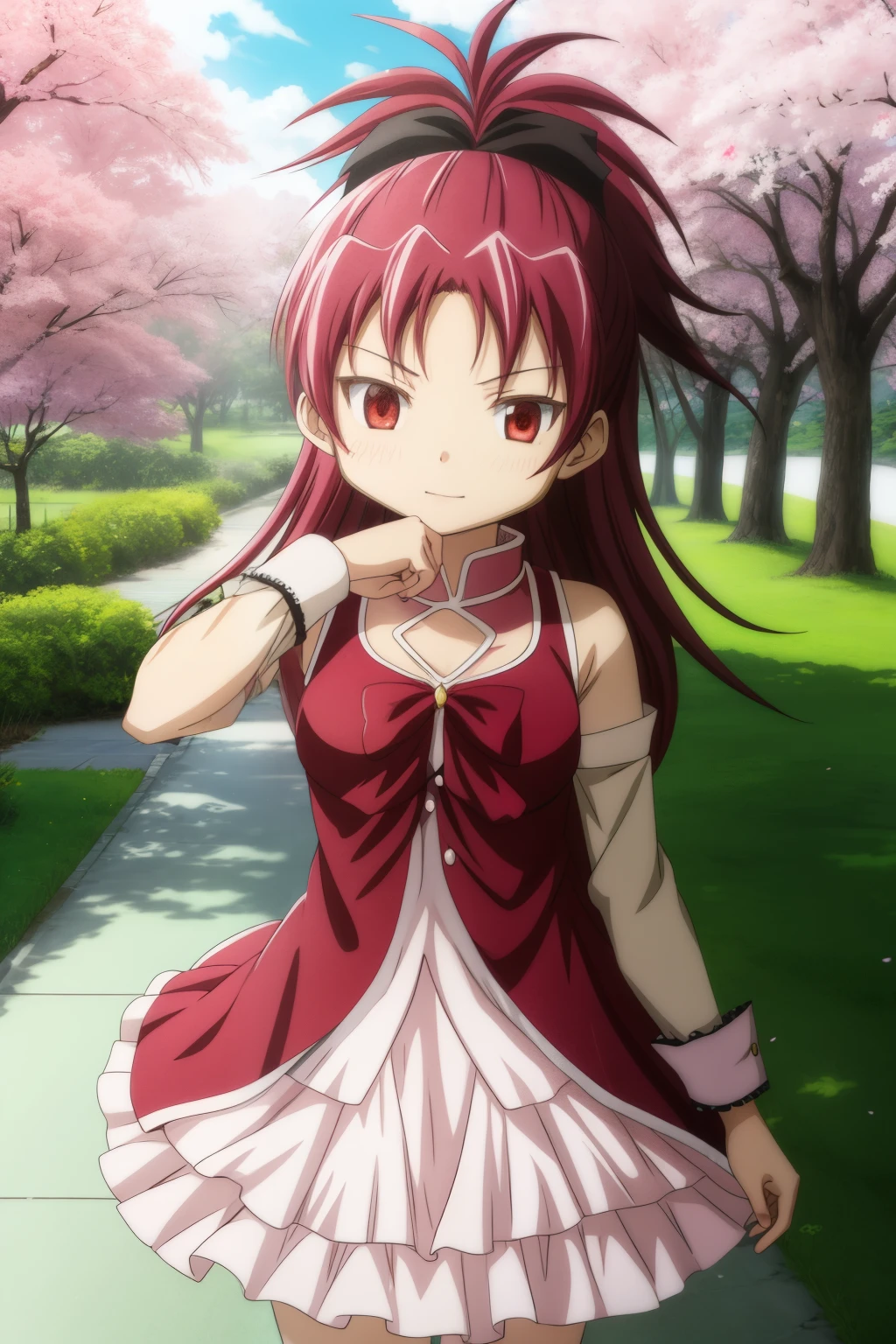 master piece, best quality, 8k, 超High resolution, highest quality, anime style, best writing, beautiful face, highest quality, masterpiece, High resolution, alone, {cherry blossoms_kyouko_Magical Girl Magi Madokesu:1.15}, red_hair, length_hair, ponytail, red_eye, hair_bow, bow, Magic_girl, 1girl, formal_style, free pose, cowboy shot