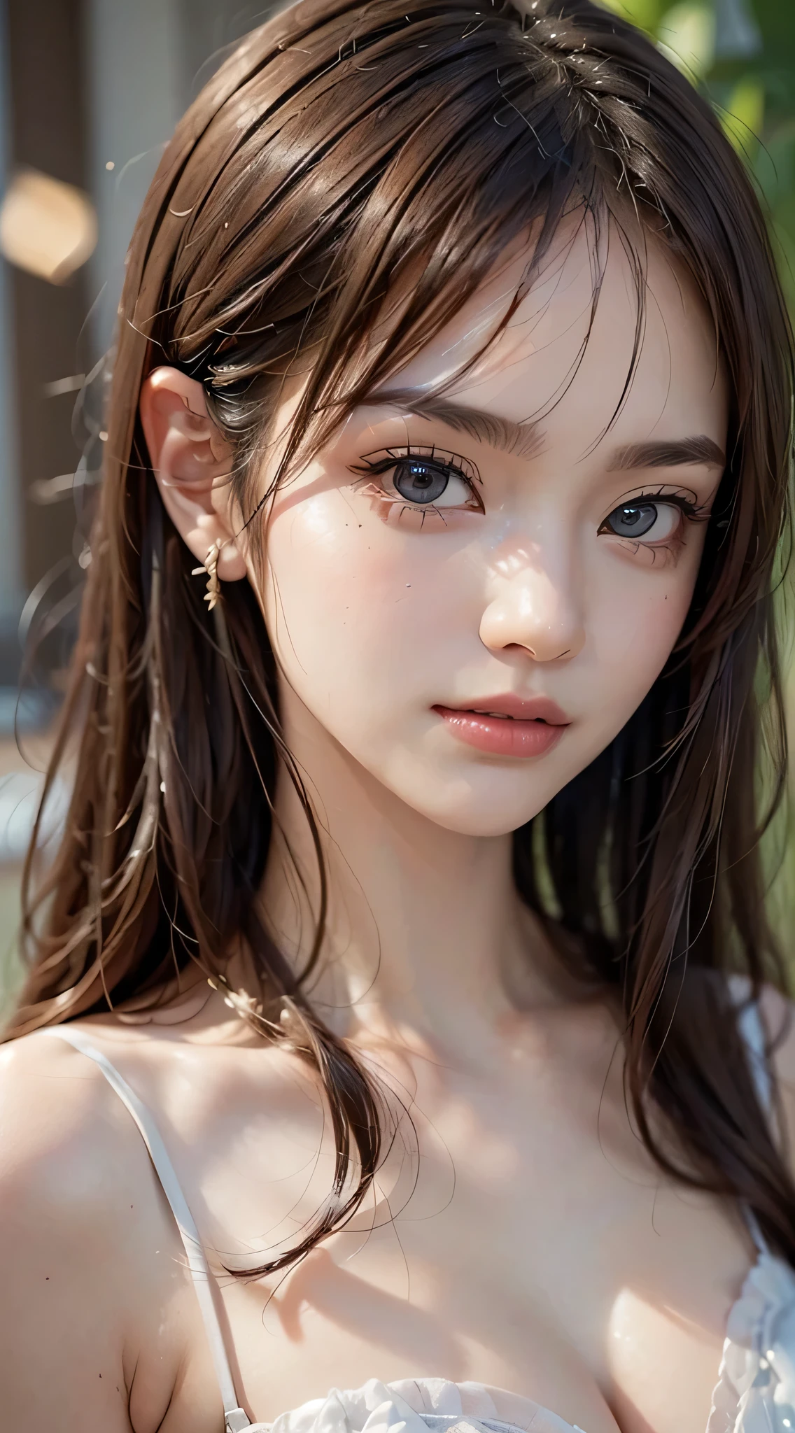 (Close-up:1.4)、(RAW photo:1.2)、(photorealistic:1.4)、(masterpiece:1.3)、(highest quality:1.4)、(Beautiful woman with perfect body:1.4)、young japanese woman、solo、7 head and body、(very beautiful:1.2)、 (Medium chest:1.3)、(Slender beautiful girl)、(beautiful and detailed eyes)、(attractive big eyes)、(beautiful double eyelids)、(beautiful and detailed face)、(short bob:1.3)、diagonal bangs、view audience、classy dress、No sleeve、Upper body、