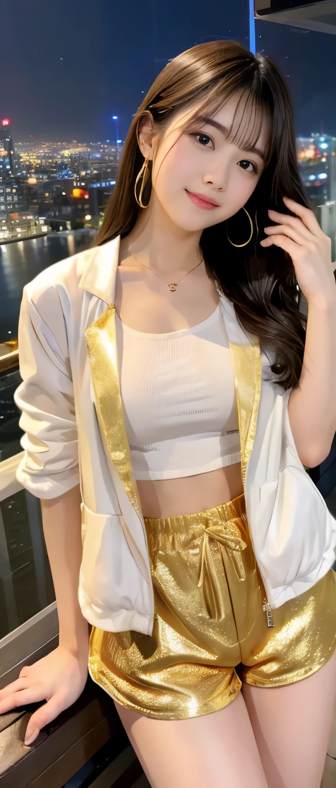 gorgeous girl、whole body、good style、、、、、long hair、gold shorts costume、Neat and clean idol face、beautiful night view、beautiful feet、princess jacket