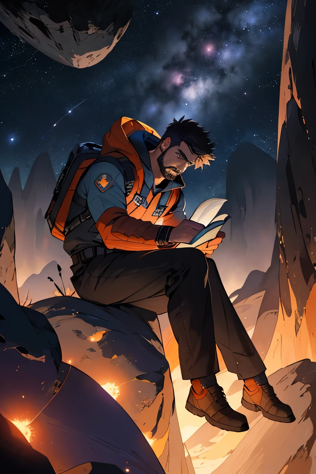 Draw a young programmer, sitting on a research platform floating in the middle of an asteroid belt. He is studying with a notebook, surrounded by several asteroids glowing with fiery auras. Dramatic lighting from distant stars and planets illuminates the scene, casting deep shadows on the suit. The young man looks confident and determined, looking at the vast and mysterious universe with wonder and respect,facial hair, cowboy shot,