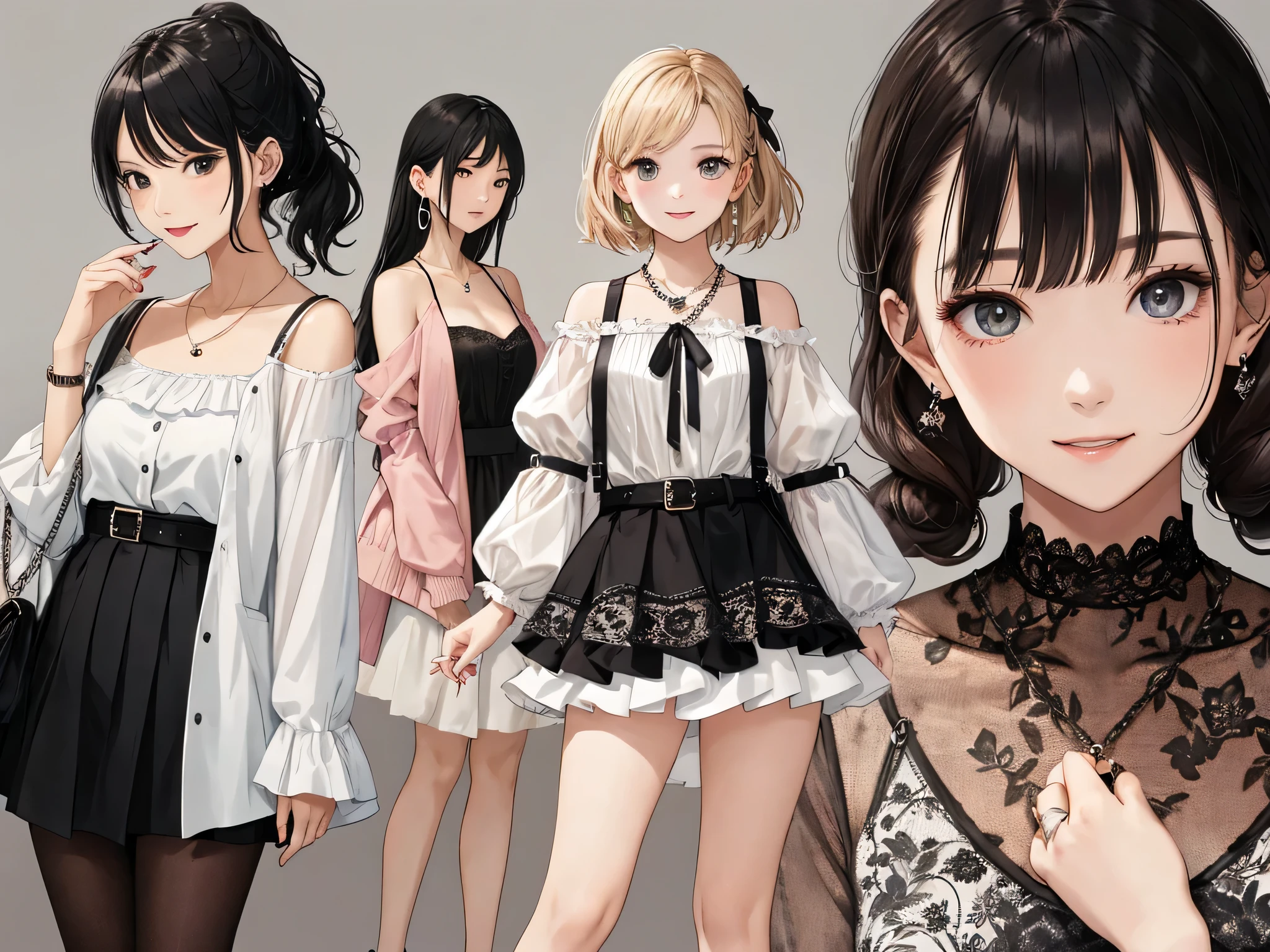 highest quality、High resolution、detailed background、Beautiful and dense face、beautiful and smooth skin、skin texture、cute10代の美少女、(three women)、realistic、perfect body line、black hair braided ponytail、cute髪型、Calm atmosphere、
happy look、smile、laughter、sexual expression、Upper body、Tea time at the cafe、
(three womenが可愛いカフェでおしゃべりを楽しみながらケーキやスイーツを味わう:1.5)、
(three womenが可愛いカフェでおしゃべりを楽しみながらケーキやスイーツを味わう:1.5)、
Choose white or pastel colors for lace tops and flared skirts..、sandals or heels、If the lace top is see-through, Wear it elegantly by layering it with an inner camisole..、
Choose a lace blouse in a soft color and add feminine movement with a pleated skirt.、
Adding lace to the sleeves and collar of the blouse makes it even more cute.、
Choose a colorful lace camisole、Add elegance with a midi skirt。、cute、

Simple and elegant pearl earrings、delicate chain necklace、Choose a design that suits your style, Simple pendants and pendants with stones etc..、
A watch that gives an elegant and sophisticated impression、It is a good idea to choose a design that matches your taste and clothing., leather belts, metal belts, etc..、
A simple bracelet that looks great on your wrist、Choosing a thin chain or a simple design will give you an elegant impression.。.、A thin ring on the fingertip、
When adding accessories, Pay attention to proper balance and layering.、cute
