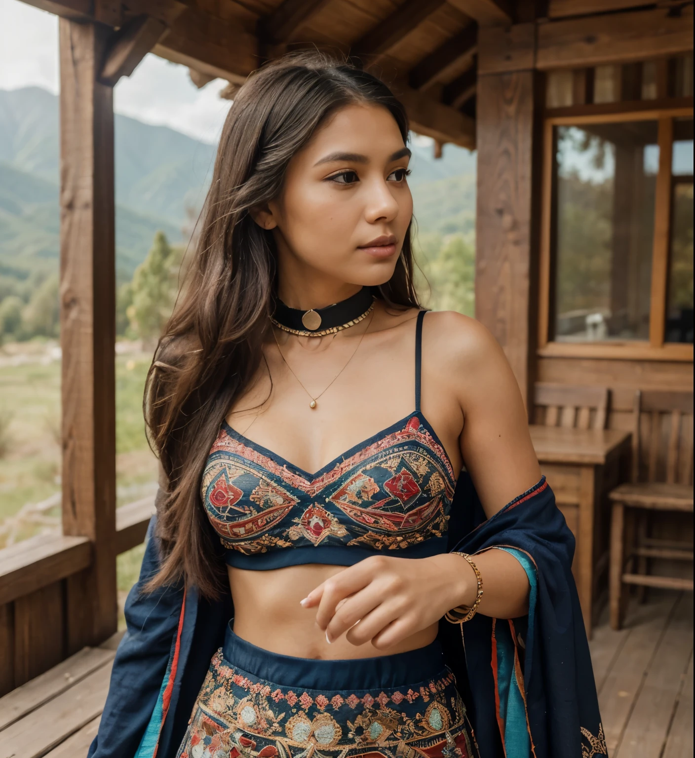 1 woman, 30 years old, mountains, open field, close-up, bokeh, indigenous face marks, native colors, native collars, abundant native jewelry, colorful native beautiful woman, Pocahontas style, ((sexy)) antique native dress, Native American costume,((long straight hair))