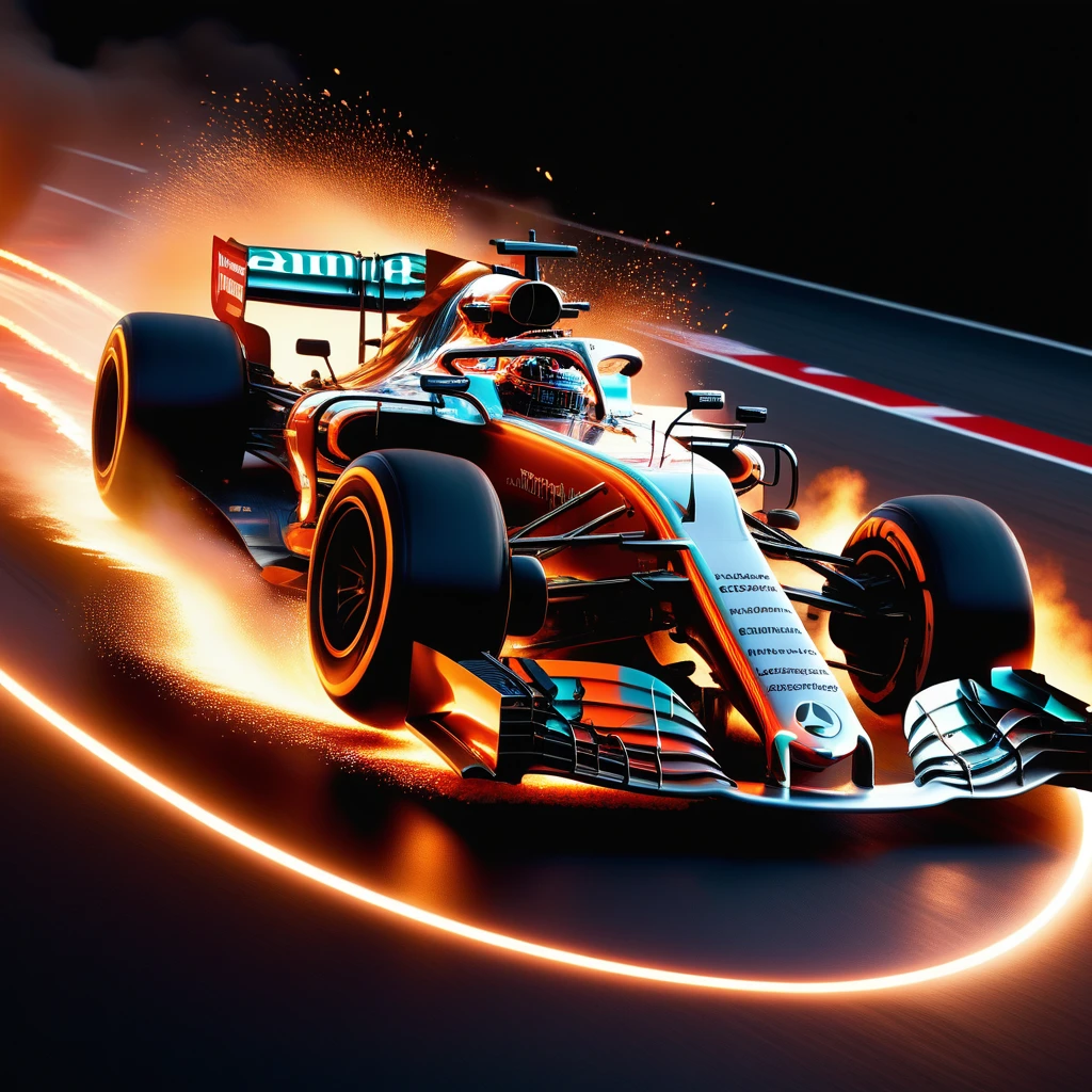 Formula 1 car with a burning wheel enduring an accident on the race track, captured in the intense, humanized storytelling style of W. Eugene Smith, 32k resolution, hyper-detailed elements, sharp focus, ultra HD quality, realistic textures, vivid color palette, pen and ink precision, composition adhering to the golden ratio, octane render for insane detail, trending on ArtStation, with the caliber of 8k artistic photography. High Resolution, High Quality, Masterpiece. best quality, masterpiece, super detail