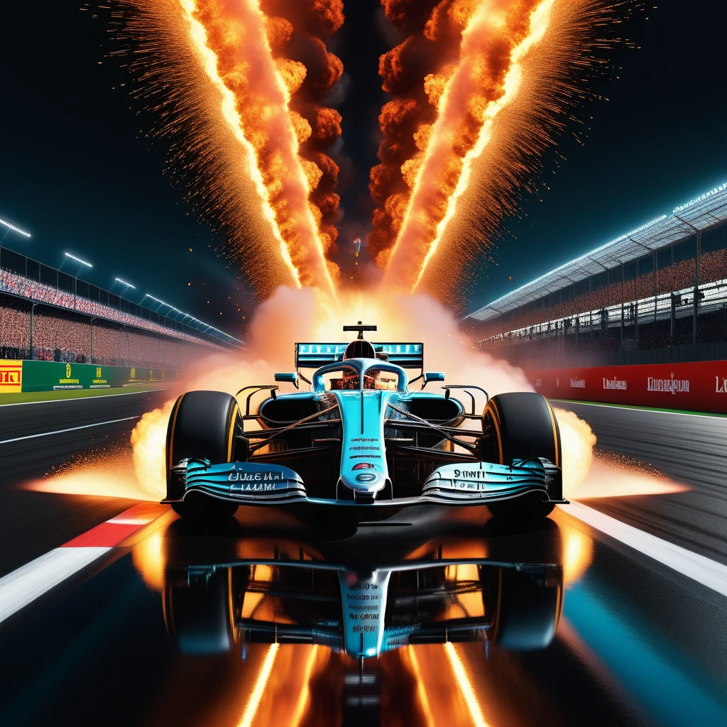 Formula 1 car with a burning wheel enduring an accident on the race track, captured in the intense, humanized storytelling style of W. Eugene Smith, 32k resolution, hyper-detailed elements, sharp focus, ultra HD quality, realistic textures, vivid color palette, pen and ink precision, composition adhering to the golden ratio, octane render for insane detail, trending on ArtStation, with the caliber of 8k artistic photography. High Resolution, High Quality, Masterpiece. best quality, masterpiece, super detail
