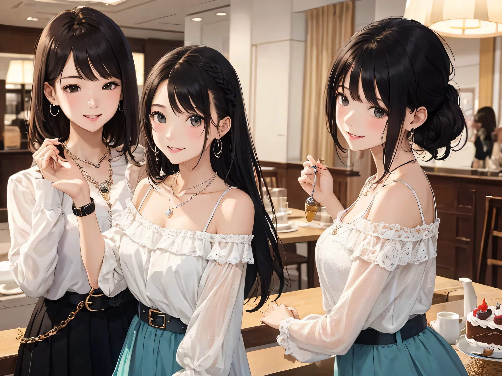 highest quality、High resolution、detailed background、Beautiful and dense face、beautiful and smooth skin、skin texture、cute10代の美少女、(three women)、realistic、perfect body line、black hair braided ponytail、cute髪型、Calm atmosphere、
happy look、smile、laughter、sexual expression、Upper body、Tea time at the cafe、
(three womenが可愛いカフェでおしゃべりを楽しみながらケーキやスイーツを味わう:1.5)、
(three womenが可愛いカフェでおしゃべりを楽しみながらケーキやスイーツを味わう:1.5)、
Choose white or pastel colors for lace tops and flared skirts..、sandals or heels、If the lace top is see-through, Wear it elegantly by layering it with an inner camisole..、
Choose a lace blouse in a soft color and add feminine movement with a pleated skirt.、
Adding lace to the sleeves and collar of the blouse makes it even more cute.、
Choose a colorful lace camisole、Add elegance with a midi skirt。、cute、
Simple and elegant pearl earrings、delicate chain necklace、Choose a design that suits your style, Simple pendants and pendants with stones etc..、
A watch that gives an elegant and sophisticated impression、It is a good idea to choose a design that matches your taste and clothing., leather belts, metal belts, etc..、
A simple bracelet that looks great on your wrist、Choosing a thin chain or a simple design will give you an elegant impression.。.、A thin ring on the fingertip、
When adding accessories, Pay attention to proper balance and layering.、cute