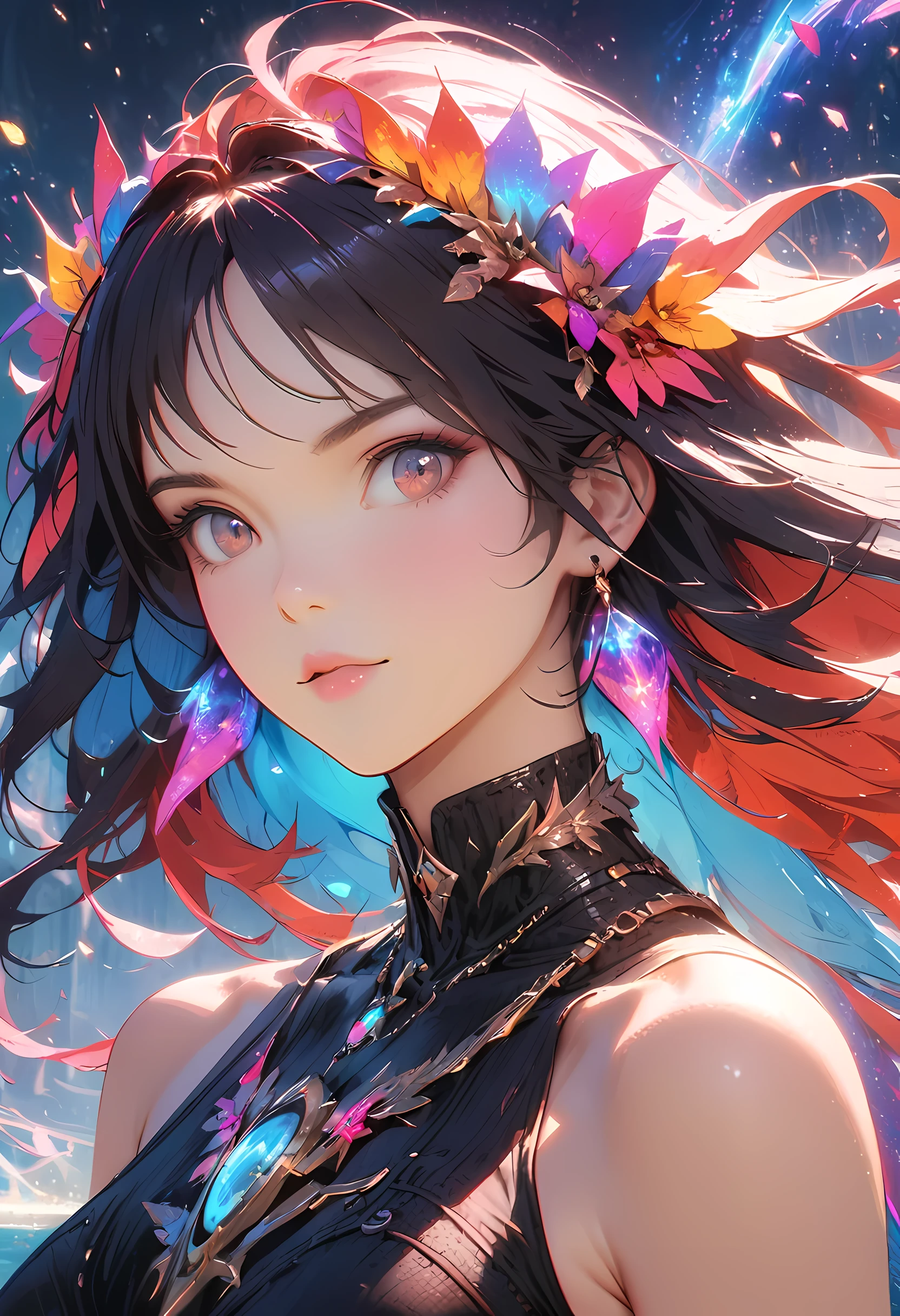 Close-up of a woman with colorful hair and necklace, Cosmic hair anime girl, Rossdraws Soft Vibrancy, Gurwitz style artwork, fantasy art style, colorful], Vibrant fantasy style, Rossdraws cartoons are vibrant, cosmic and colorful, guweiz, colorful digital fantasy art, Stunning art style, Beautiful anime style, glowing hair