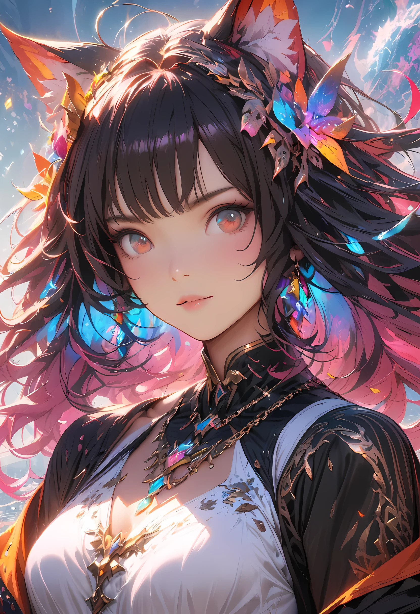 Close-up of a woman with colorful hair and necklace, Cosmic hair anime girl, Rossdraws Soft Vibrancy, Gurwitz style artwork, fantasy art style, colorful], Vibrant fantasy style, Rossdraws cartoons are vibrant, cosmic and colorful, guweiz, colorful digital fantasy art, Stunning art style, Beautiful anime style, glowing hair